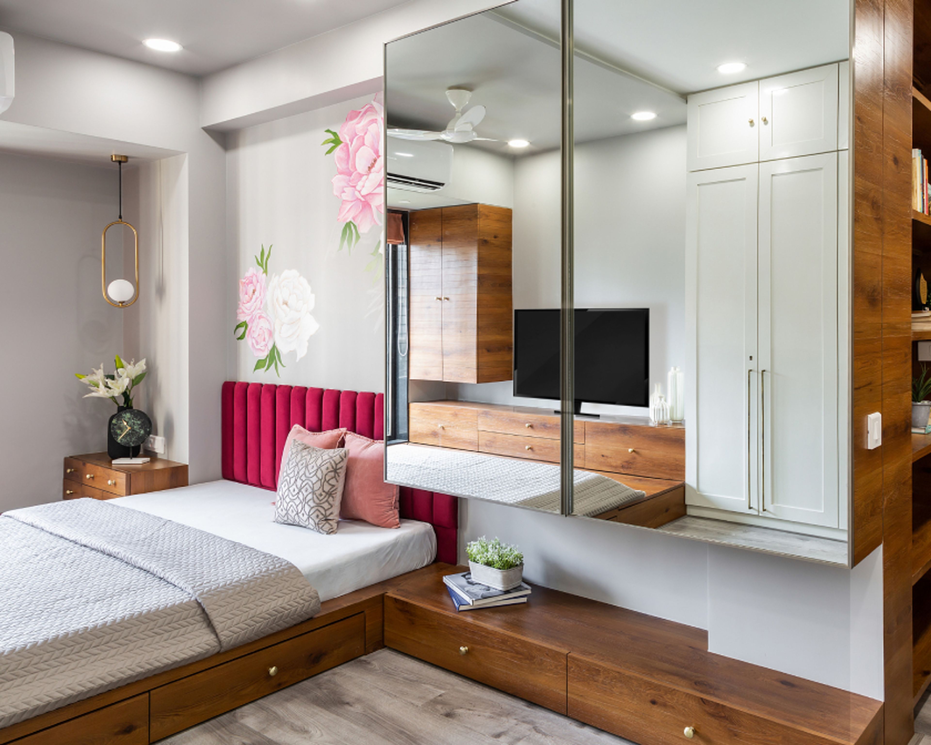 Floral-Themed Pink And Grey Wall Paint - Livspace