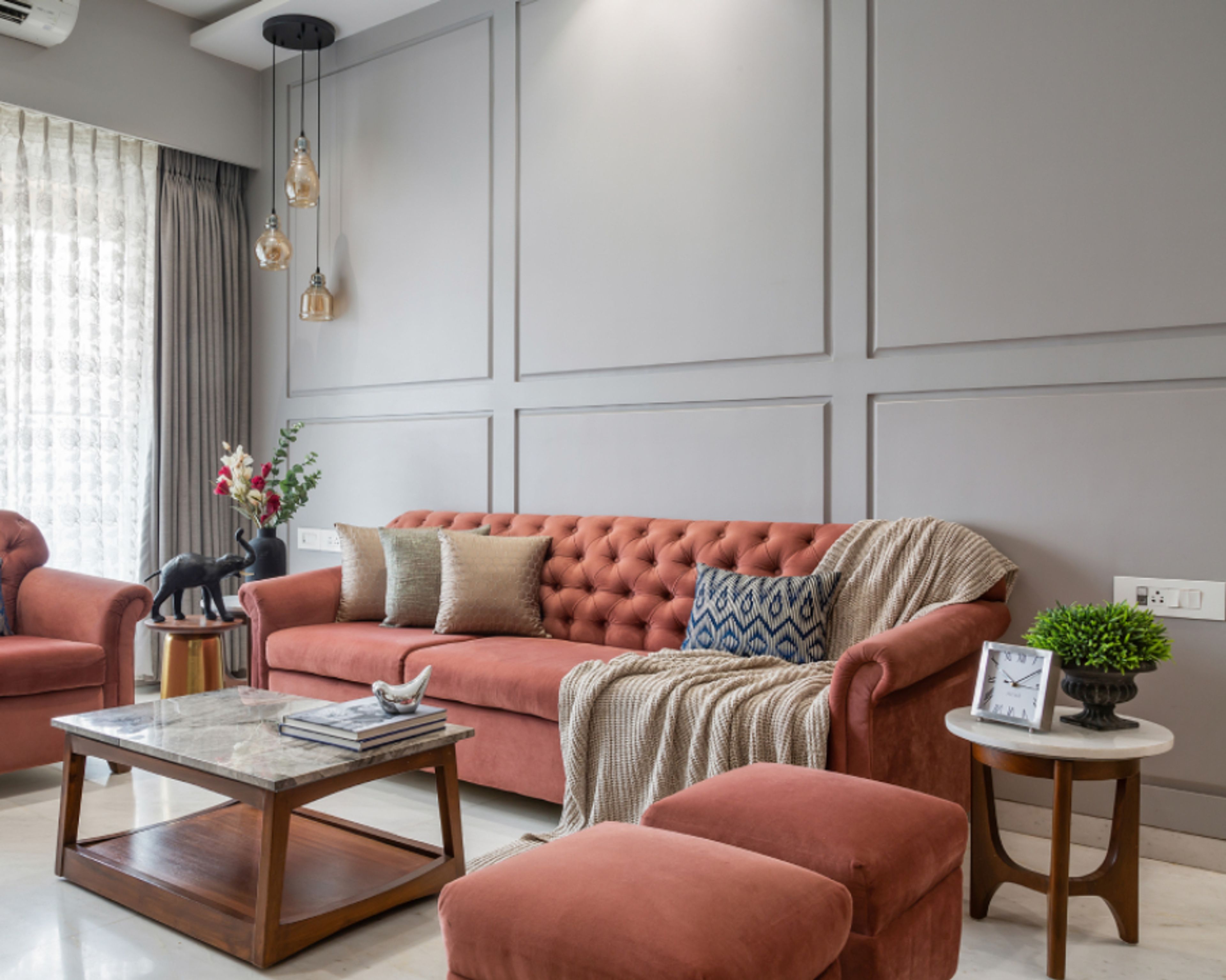 Grey Wall Paint Design With Pendant Lights - Livspace