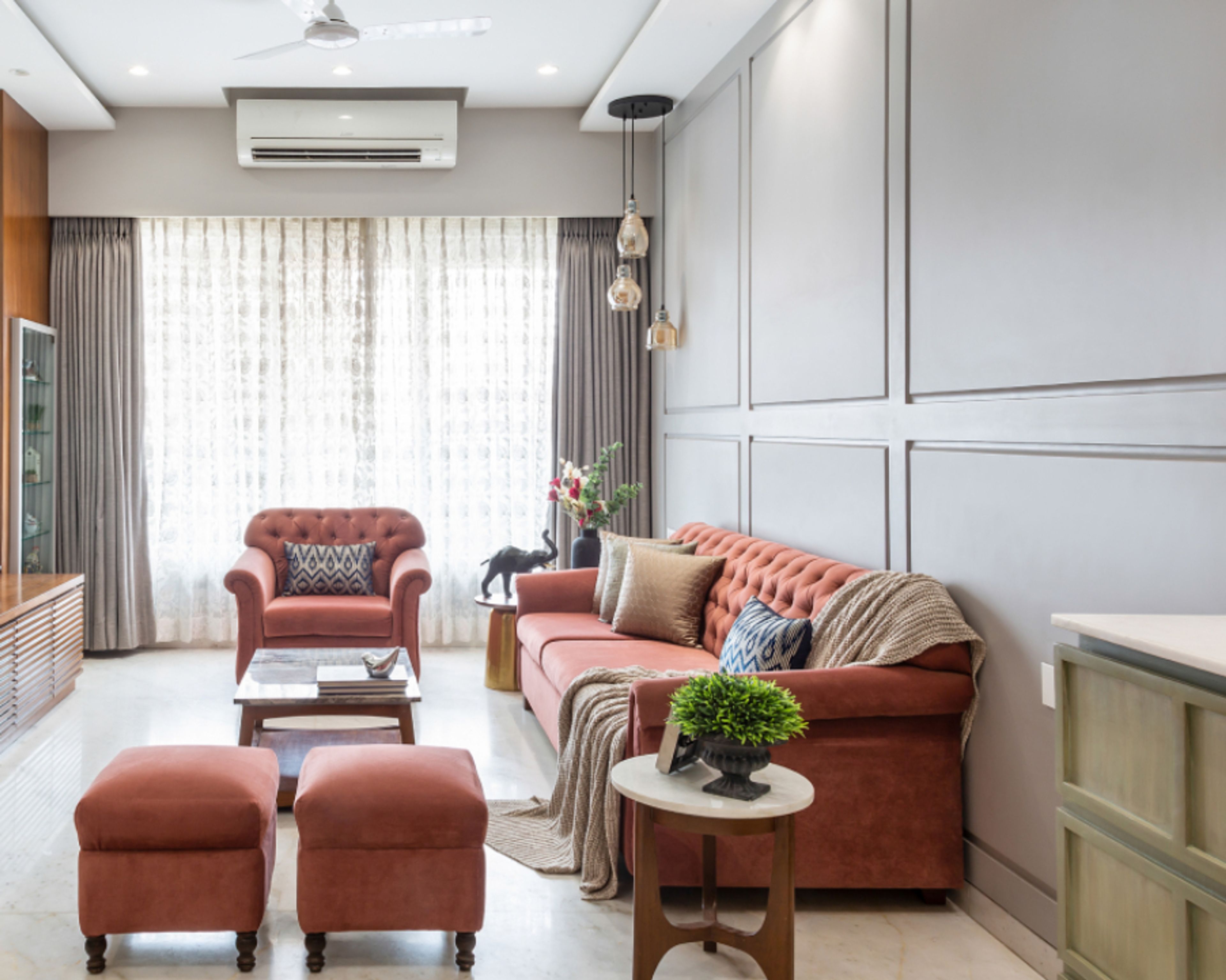 Grey Wall Paint Design With Pendant Lights - Livspace