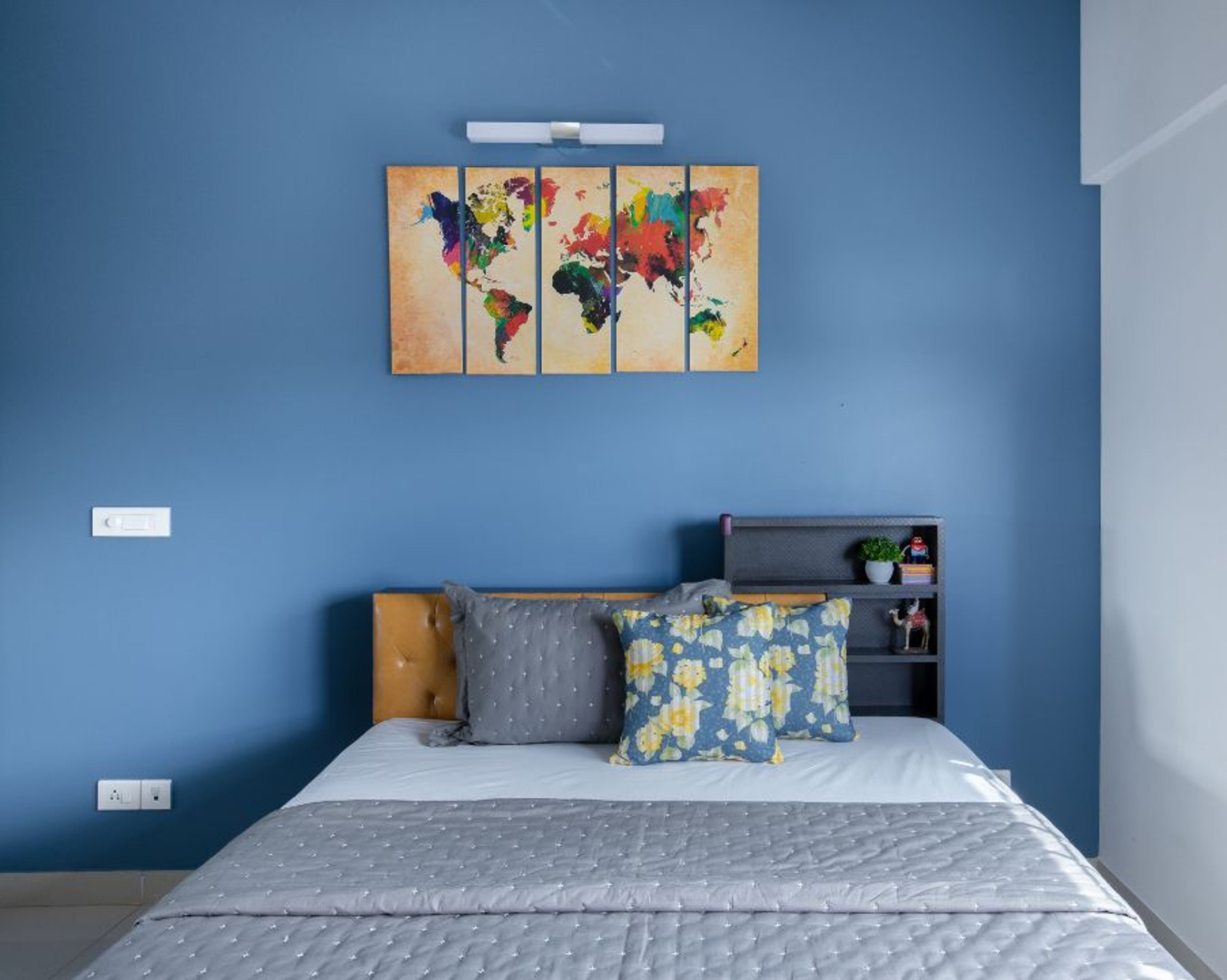 Modern Blue Bedroom Colours With World Map For Wall Decor