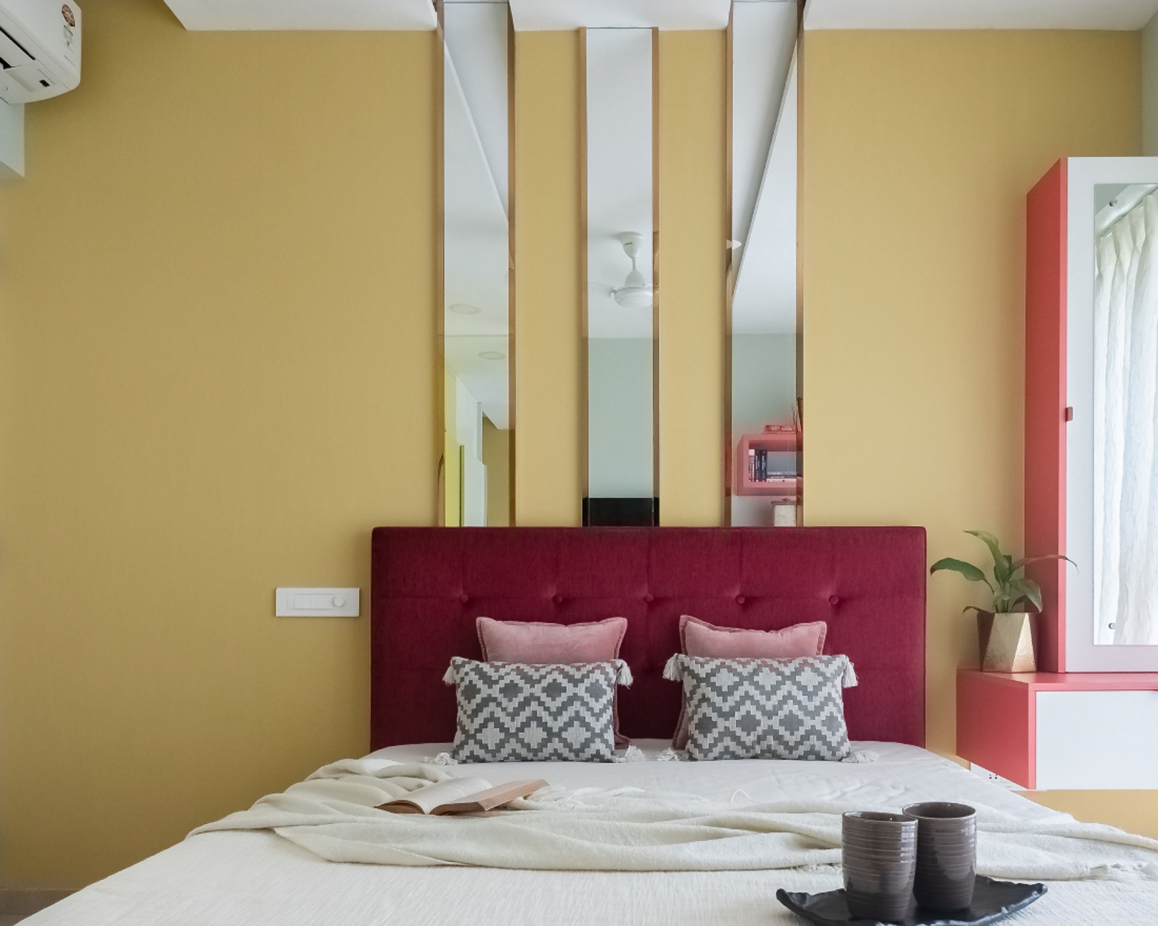 Eclectic Yellow Bedroom Wall Paint Design With Mirror Panels