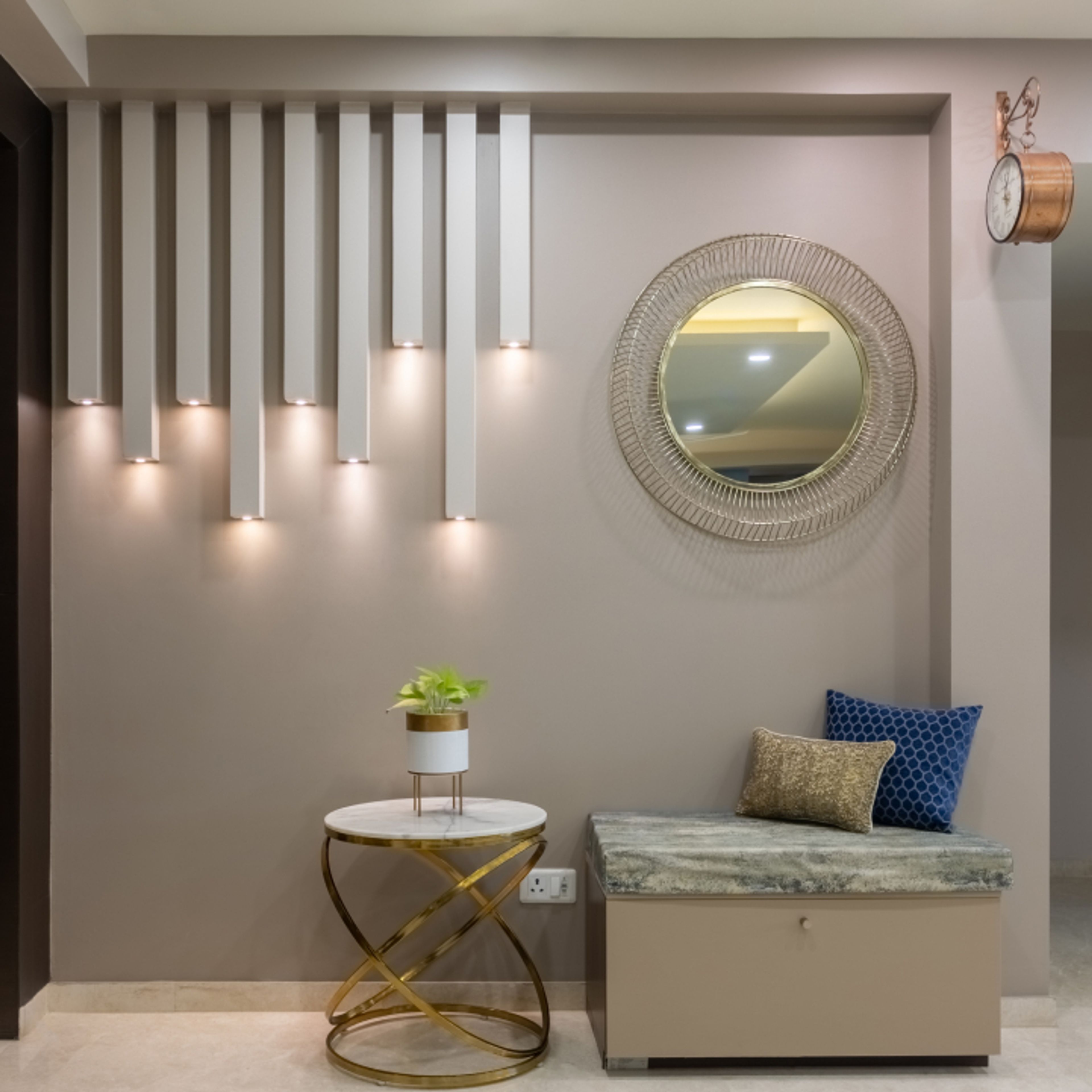 Beige Wall Paint Design With Wooden Rafters And Lighting - Livspace