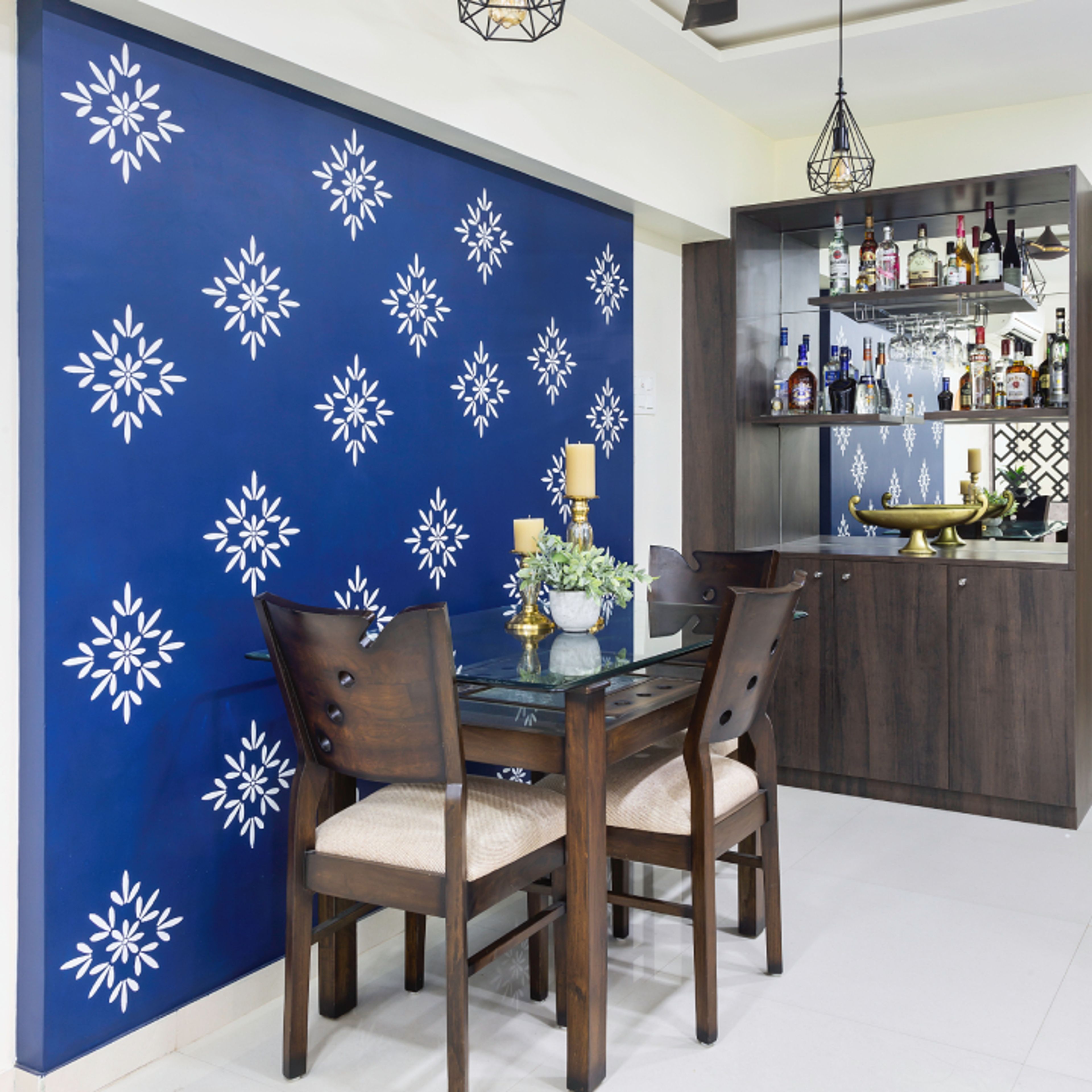 Blue And White Wall Paint With A Floral Pattern - Livspace