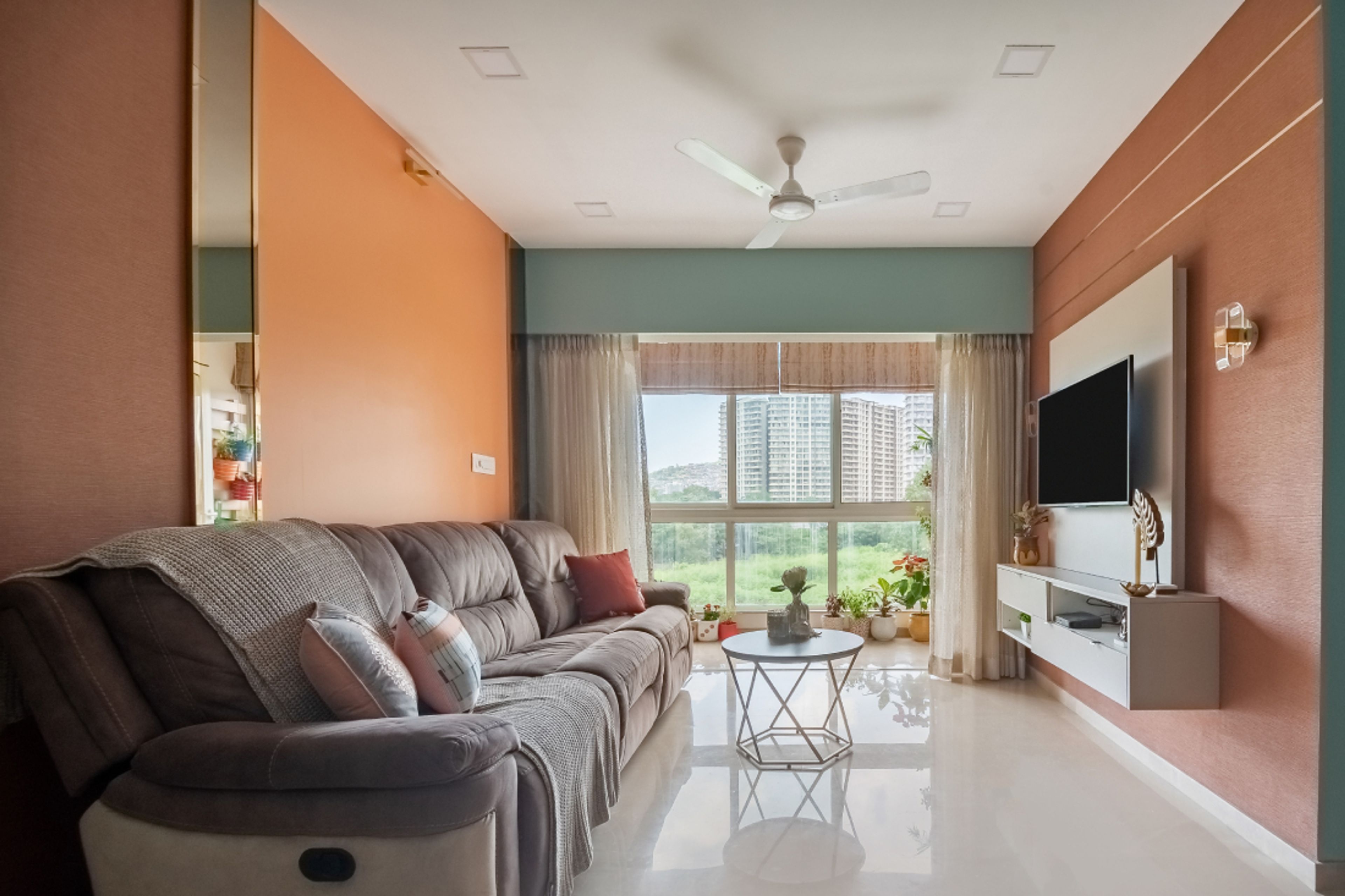 Textured Orange Living Room Wallpaper - Livspace