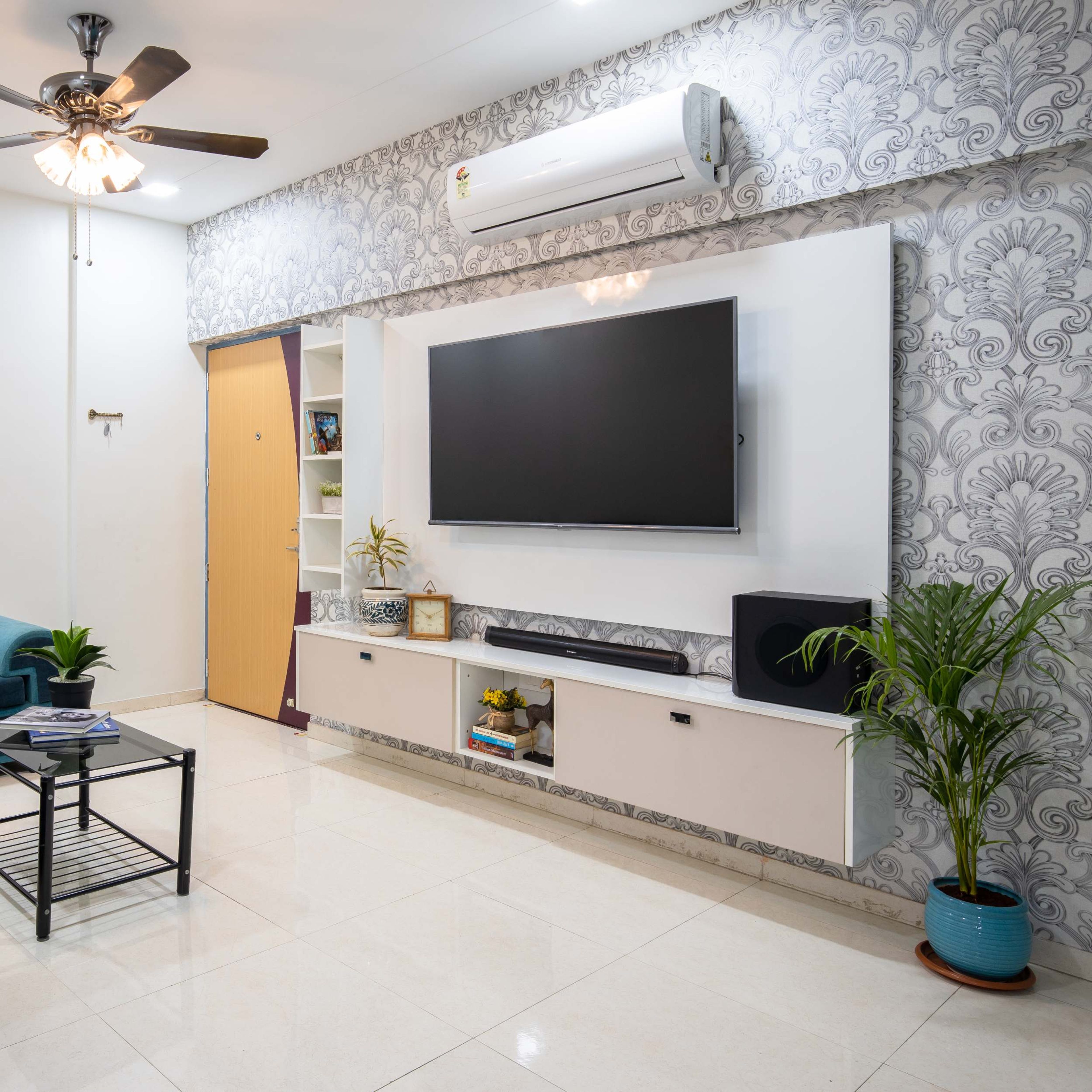 Damask Living Room Wallpaper - Livspace