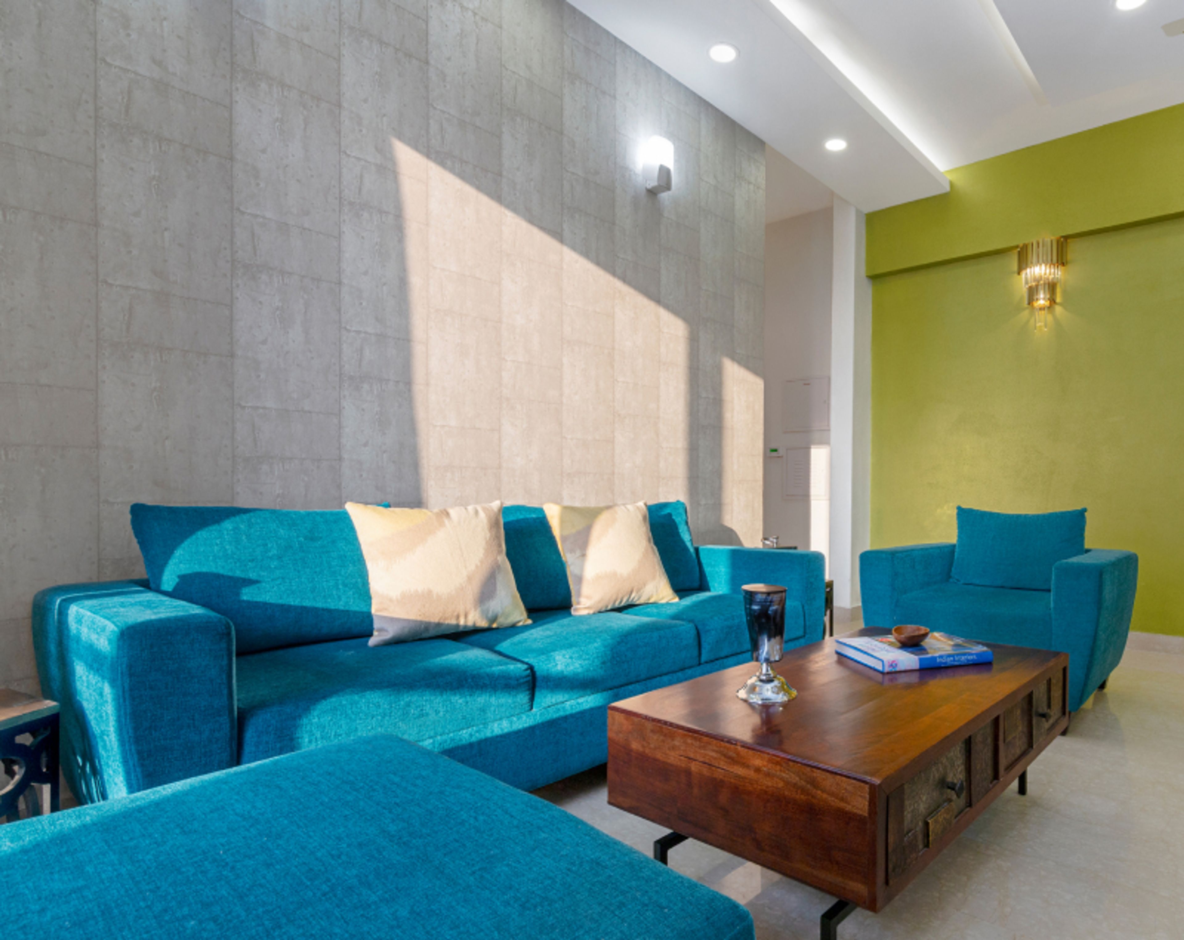 Modern Exposed Concrete Living Room Wallpaper With Wall Sconce