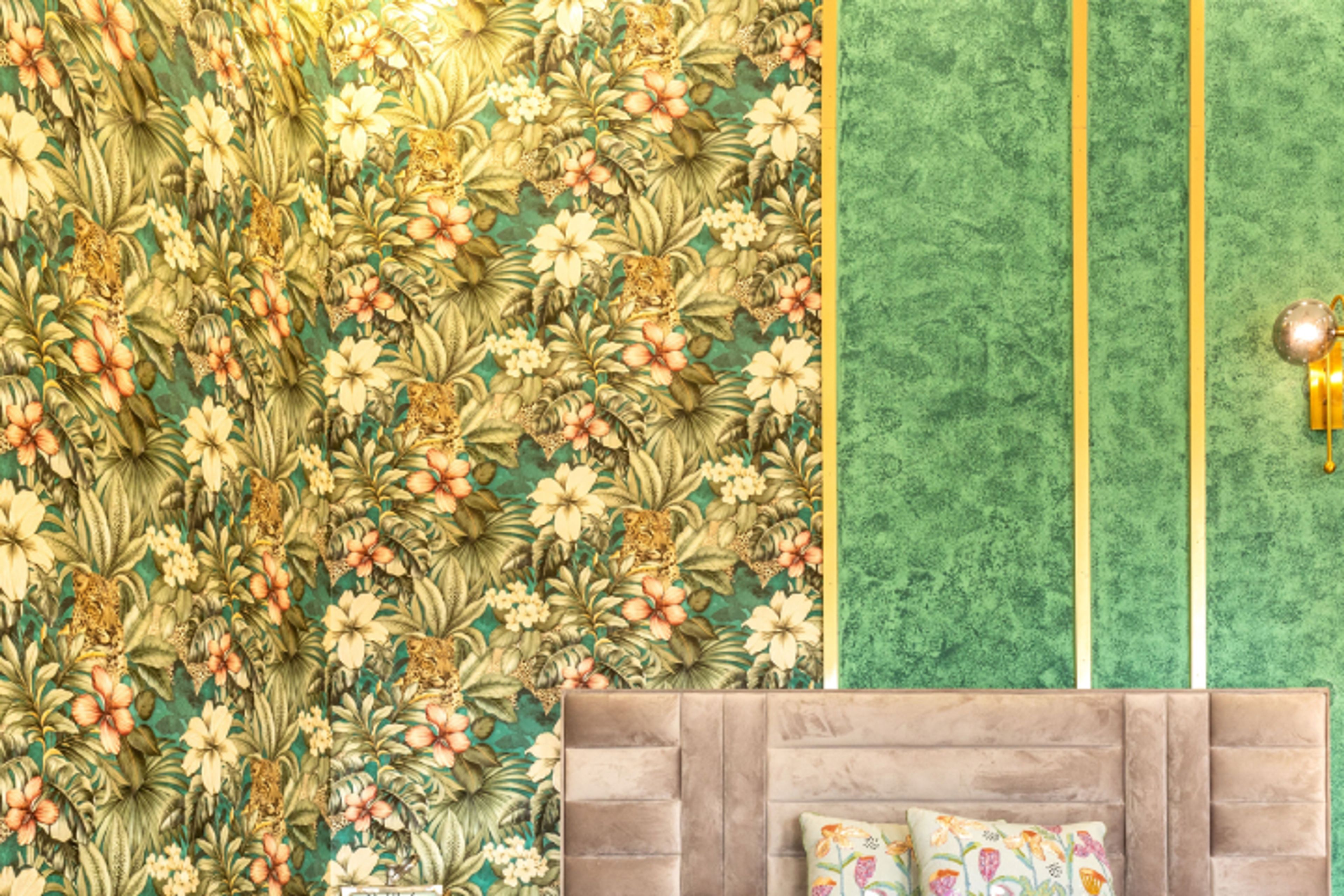 Contemporary Bedroom Wallpaper With A Floral Design And Wall Sconce