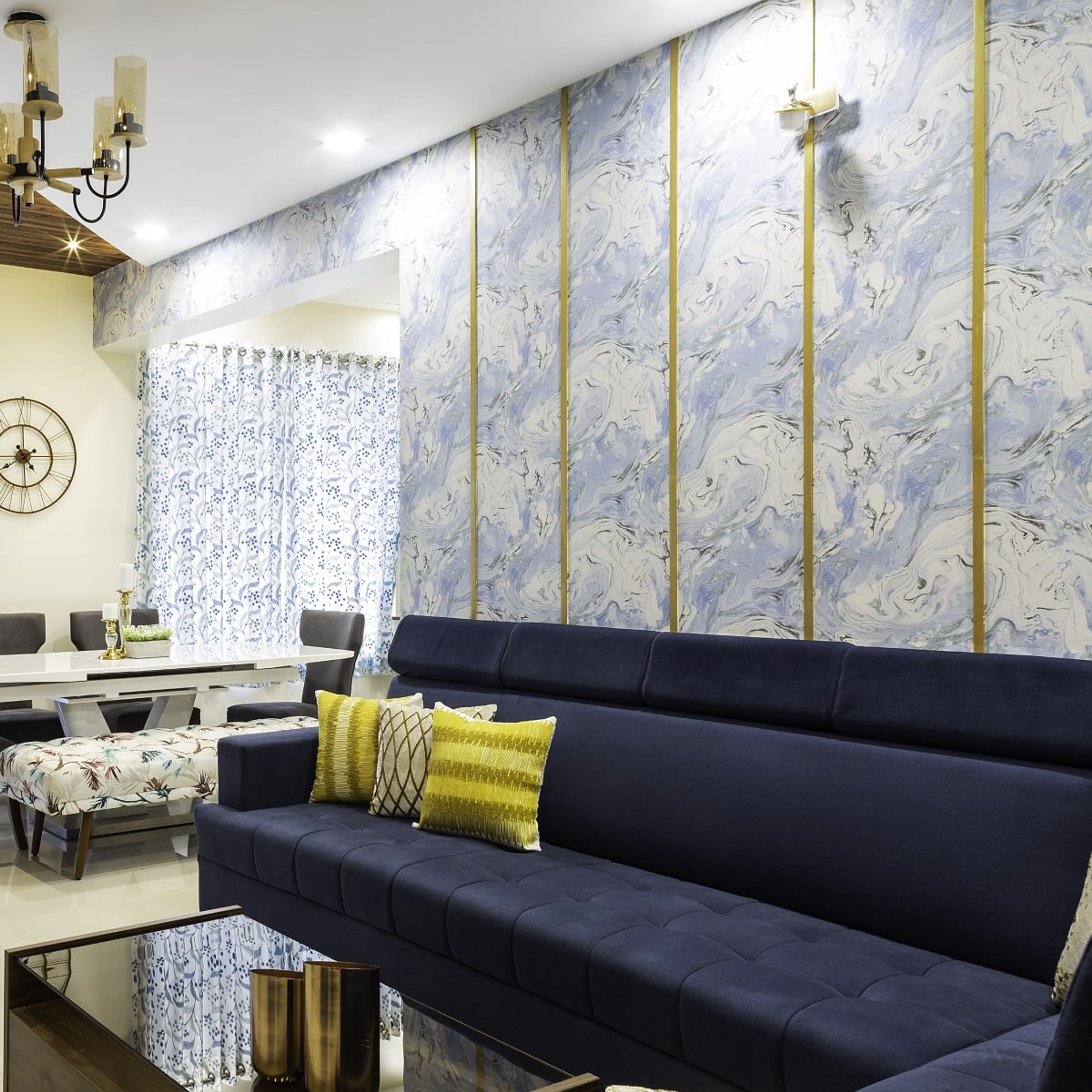 Blue And Grey Living Room Wallpaper - Livspace