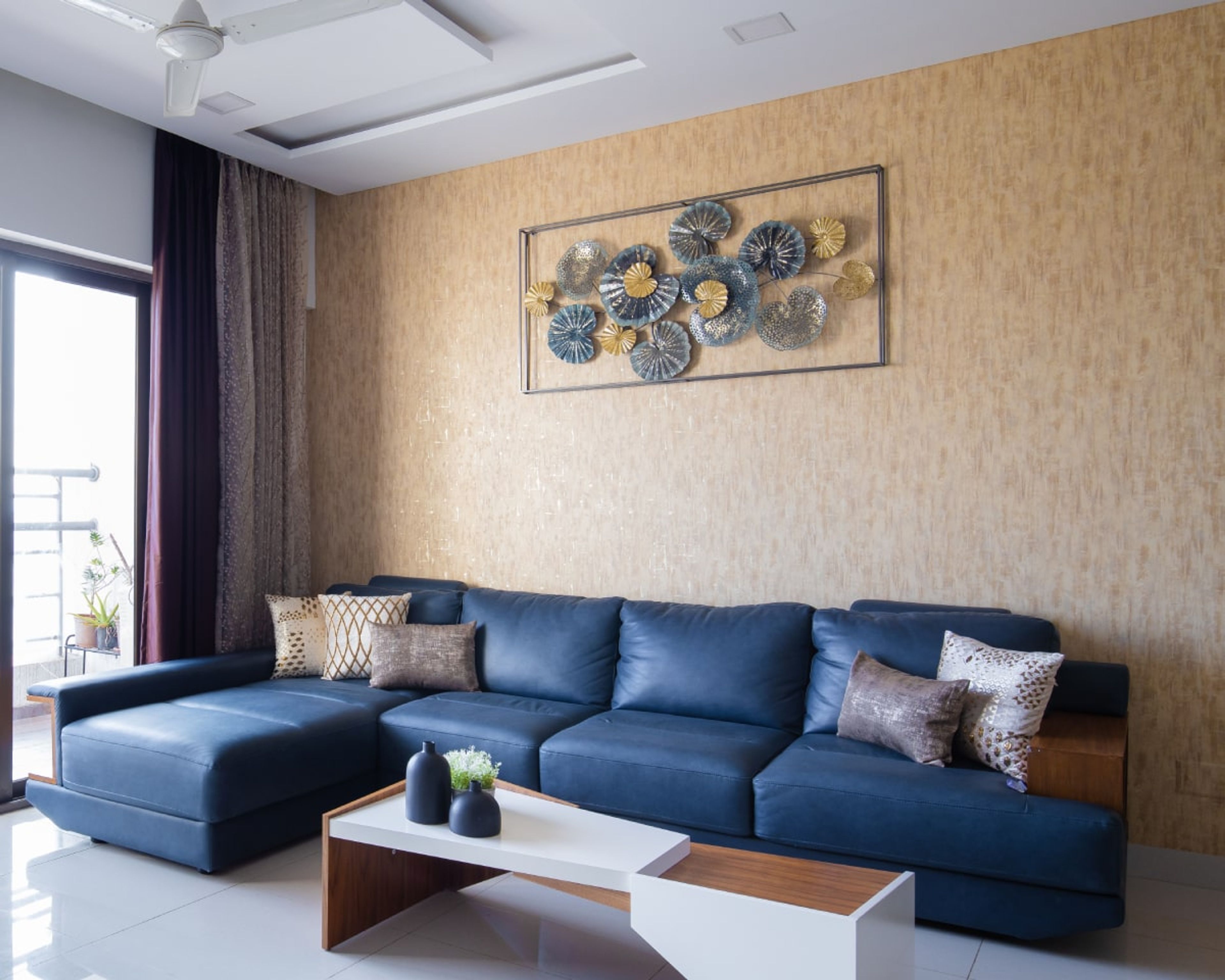 Beige Textured Wallpaper Design For Living Rooms - Livspace