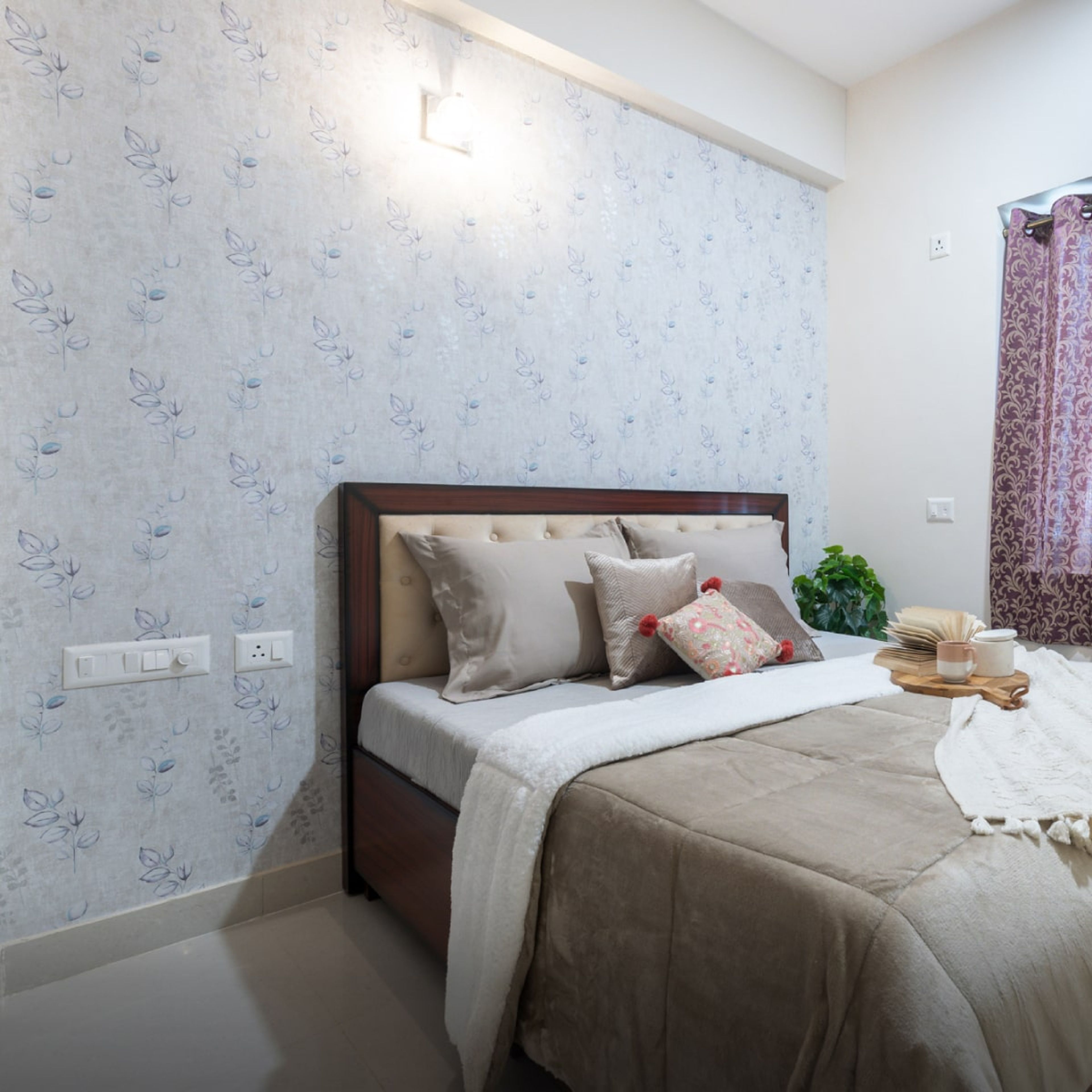 Pale Blue Bedroom Wallpaper With A Floral Pattern - Livspace