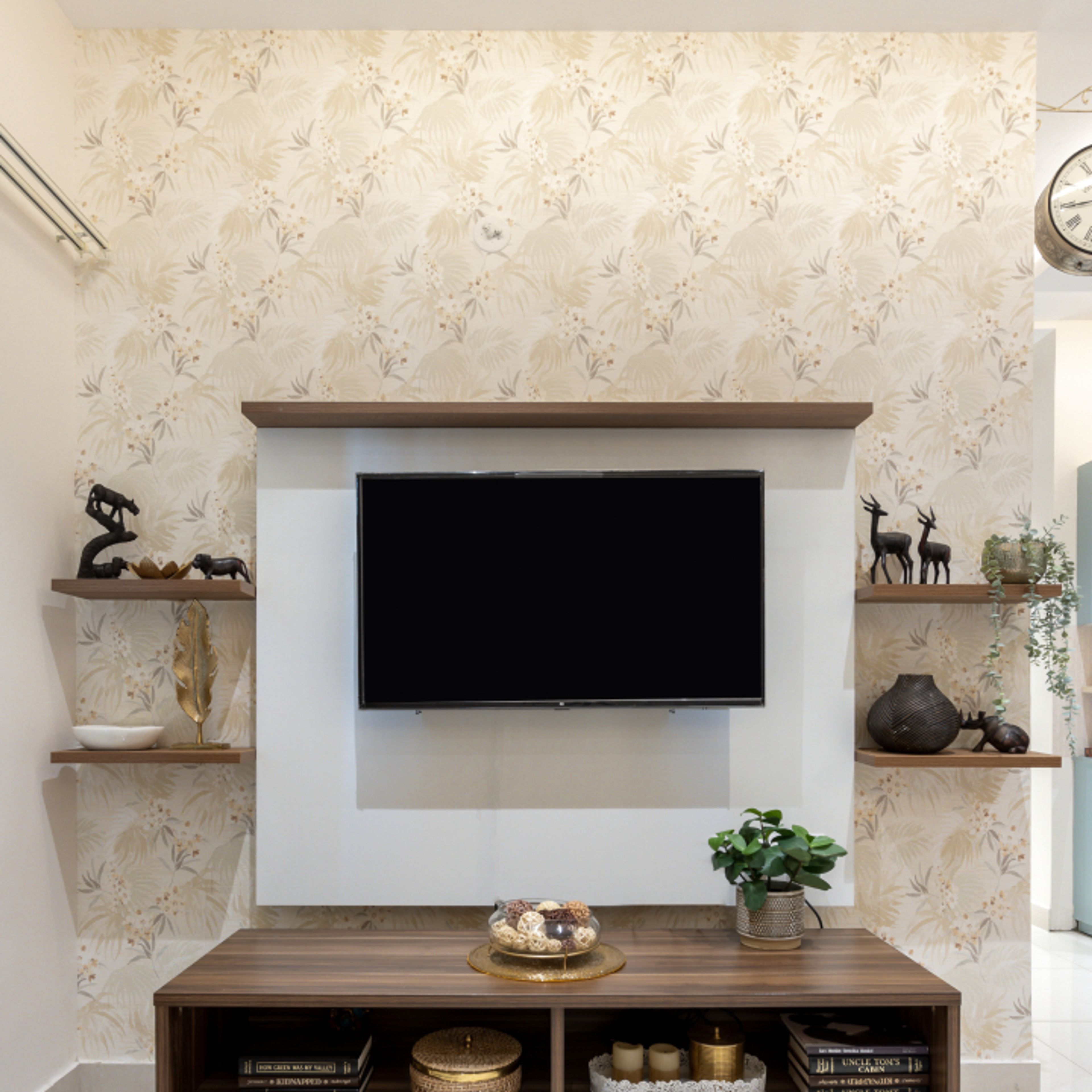 Beige Floral Wallpaper For Modern Living Rooms - Livspace