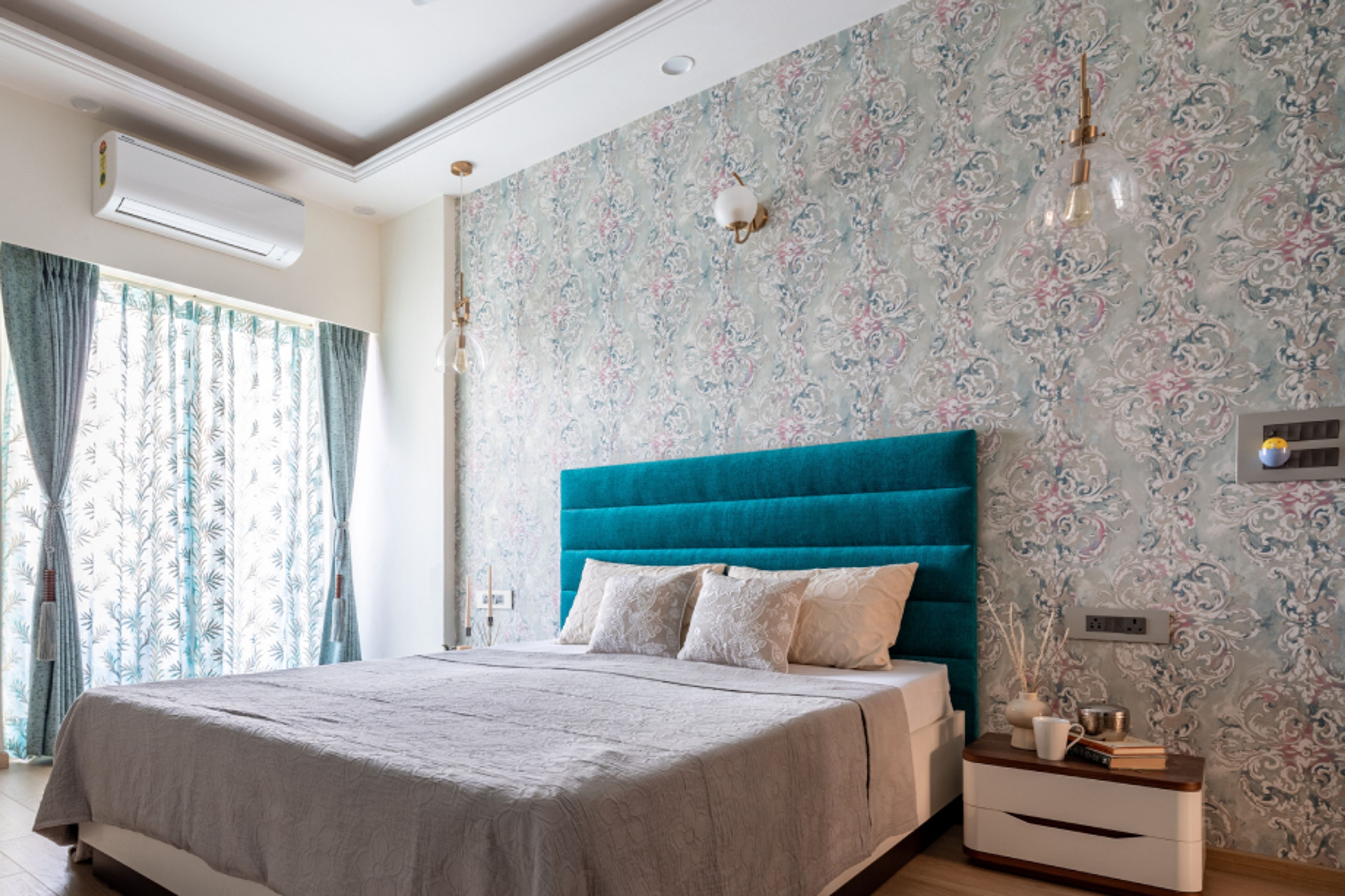 Floral Themed Bedroom Wallpaper With Wall Sconce - Livspace