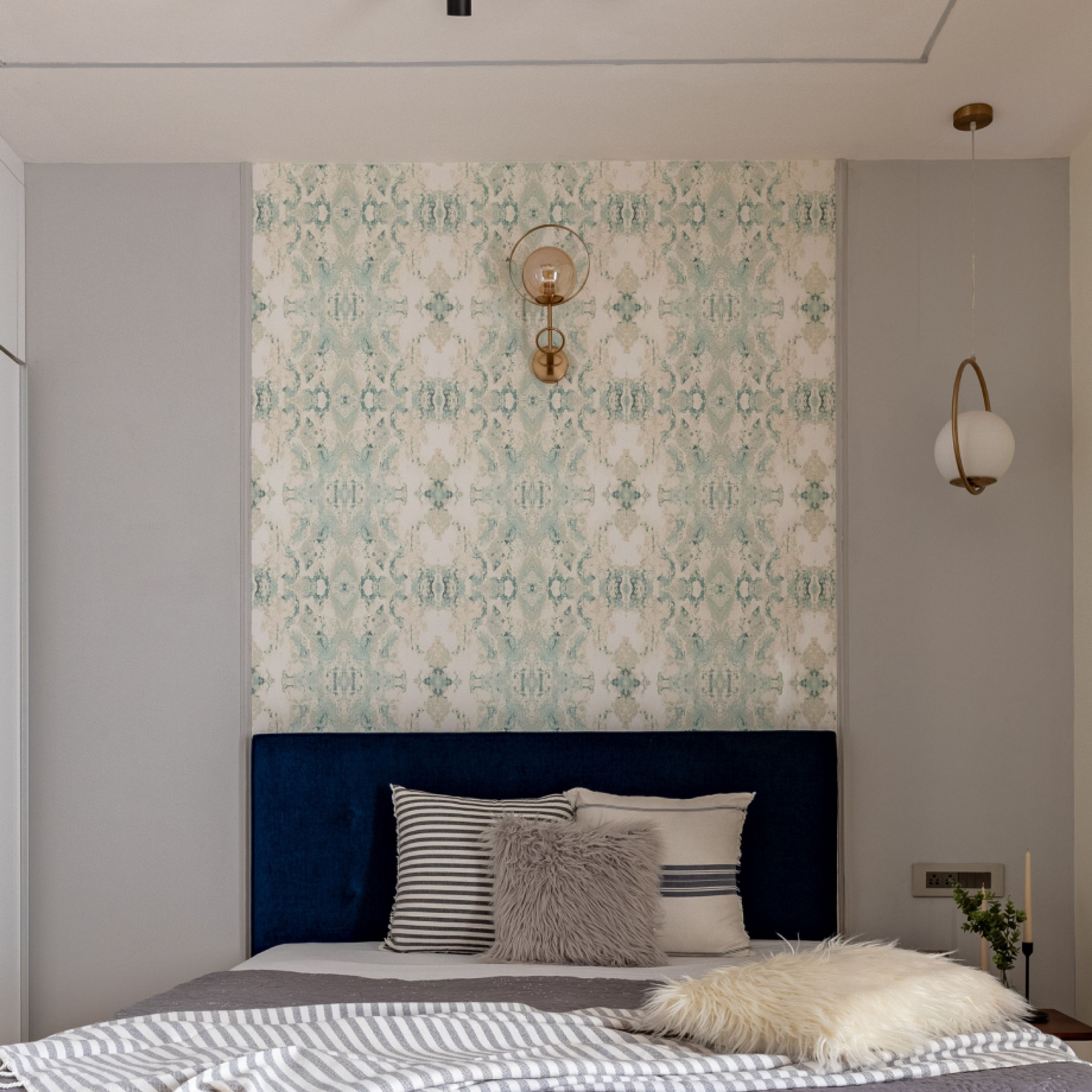Bedroom Wallpaper With Patterns In Muted Hues - Livspace