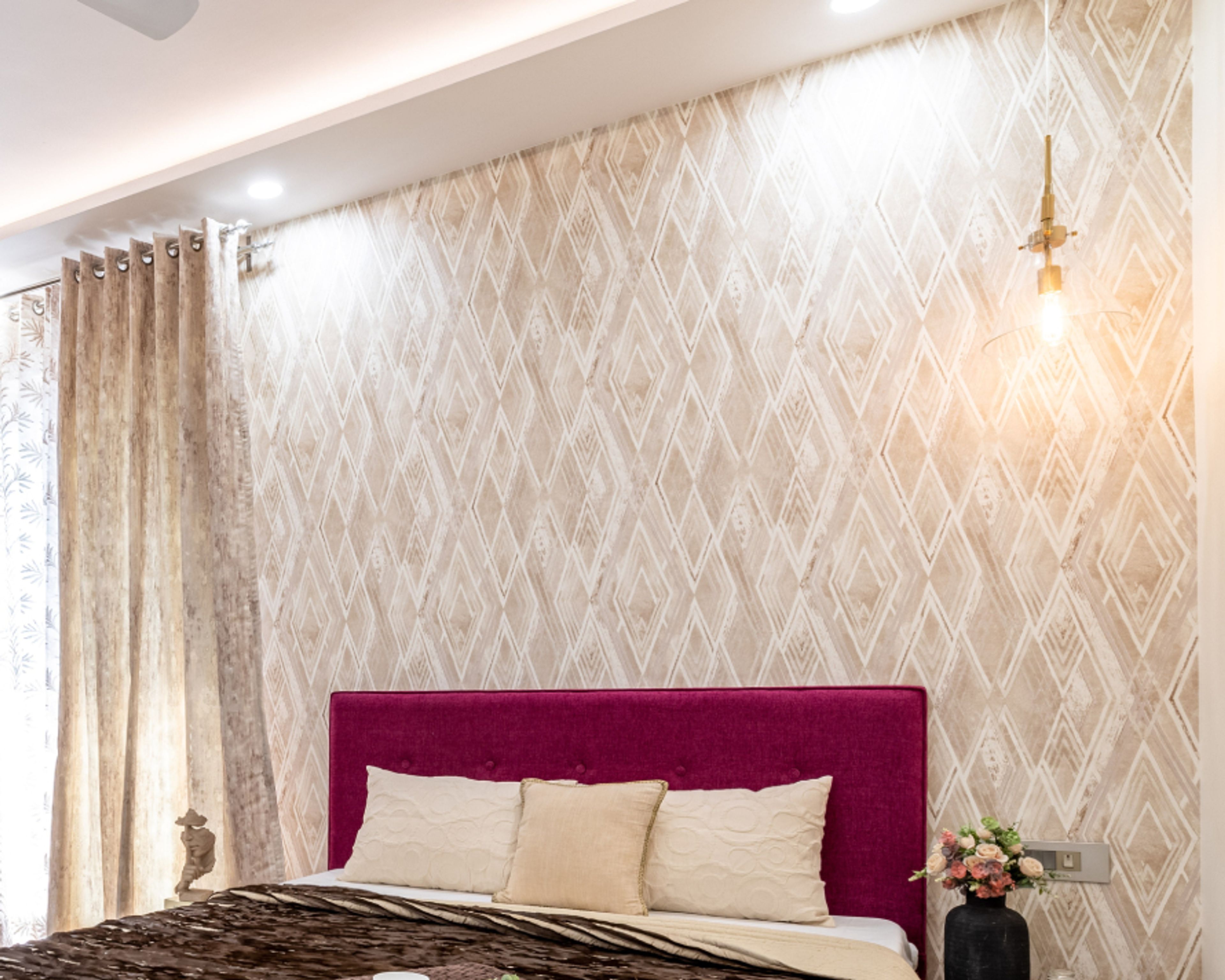 Beige Bedroom Wallpaper With A Geometric Pattern - Livspace