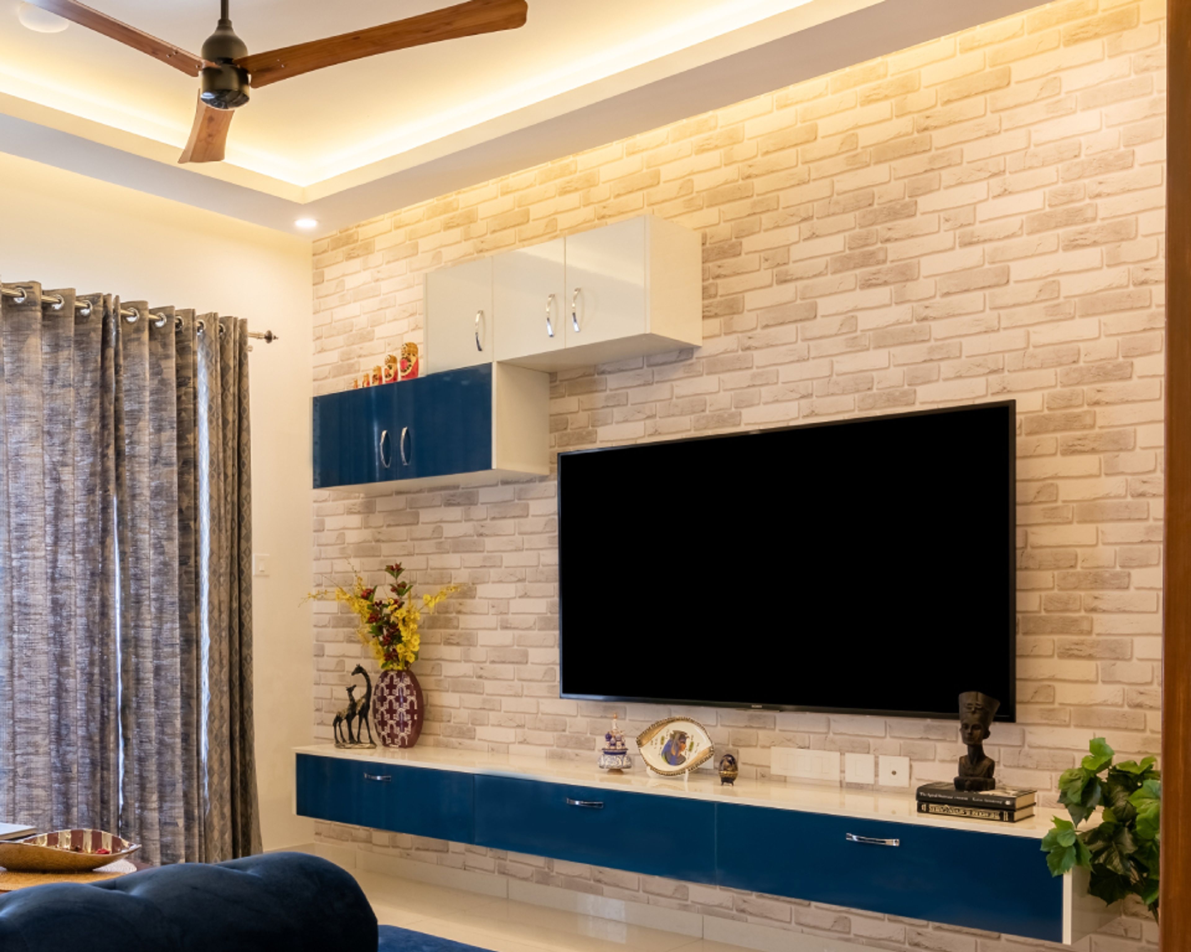 White And Beige Exposed Brick Wallpaper For Living Rooms - Livspace