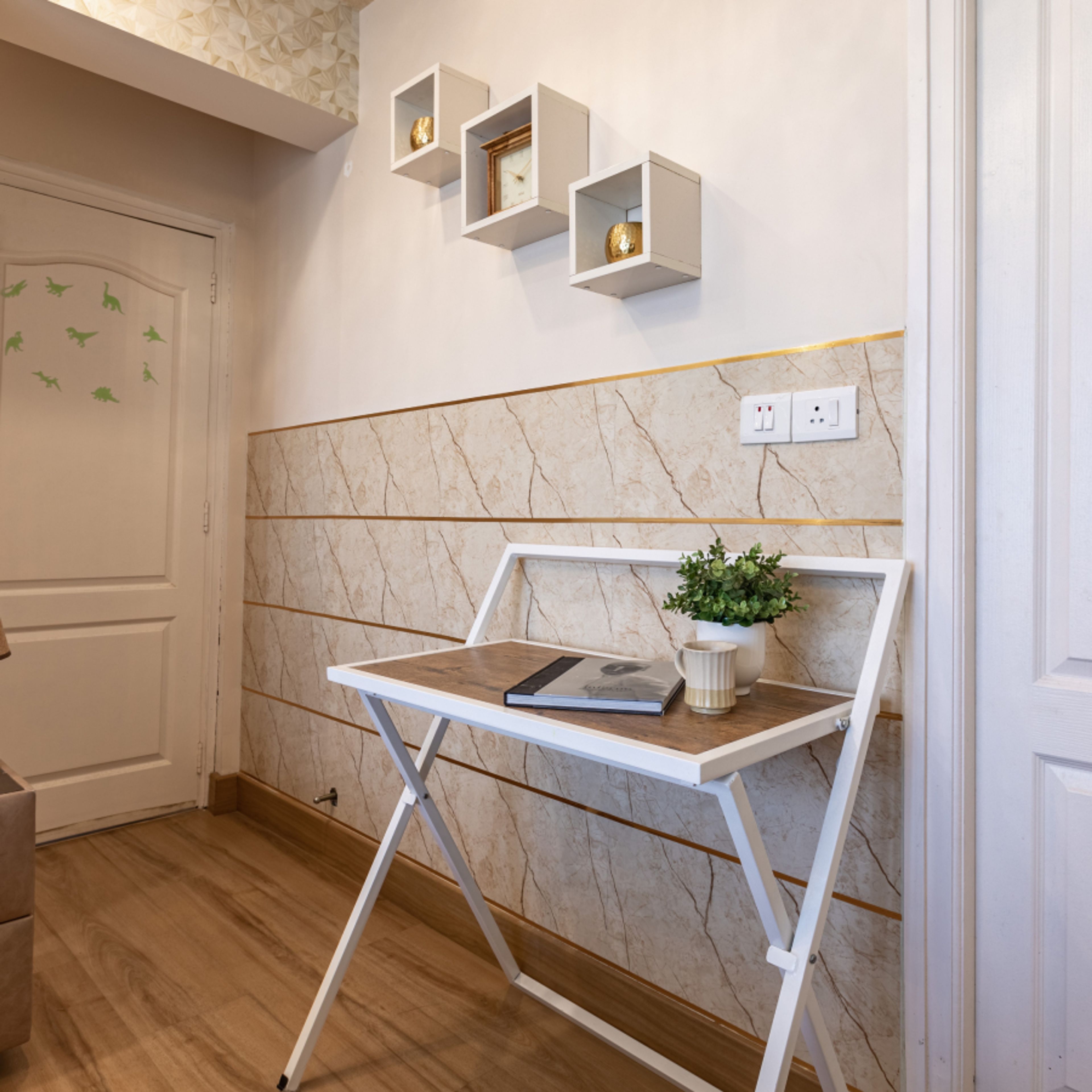 Marble-Finish Bedroom Wallpaper With A Console Table - Livspace