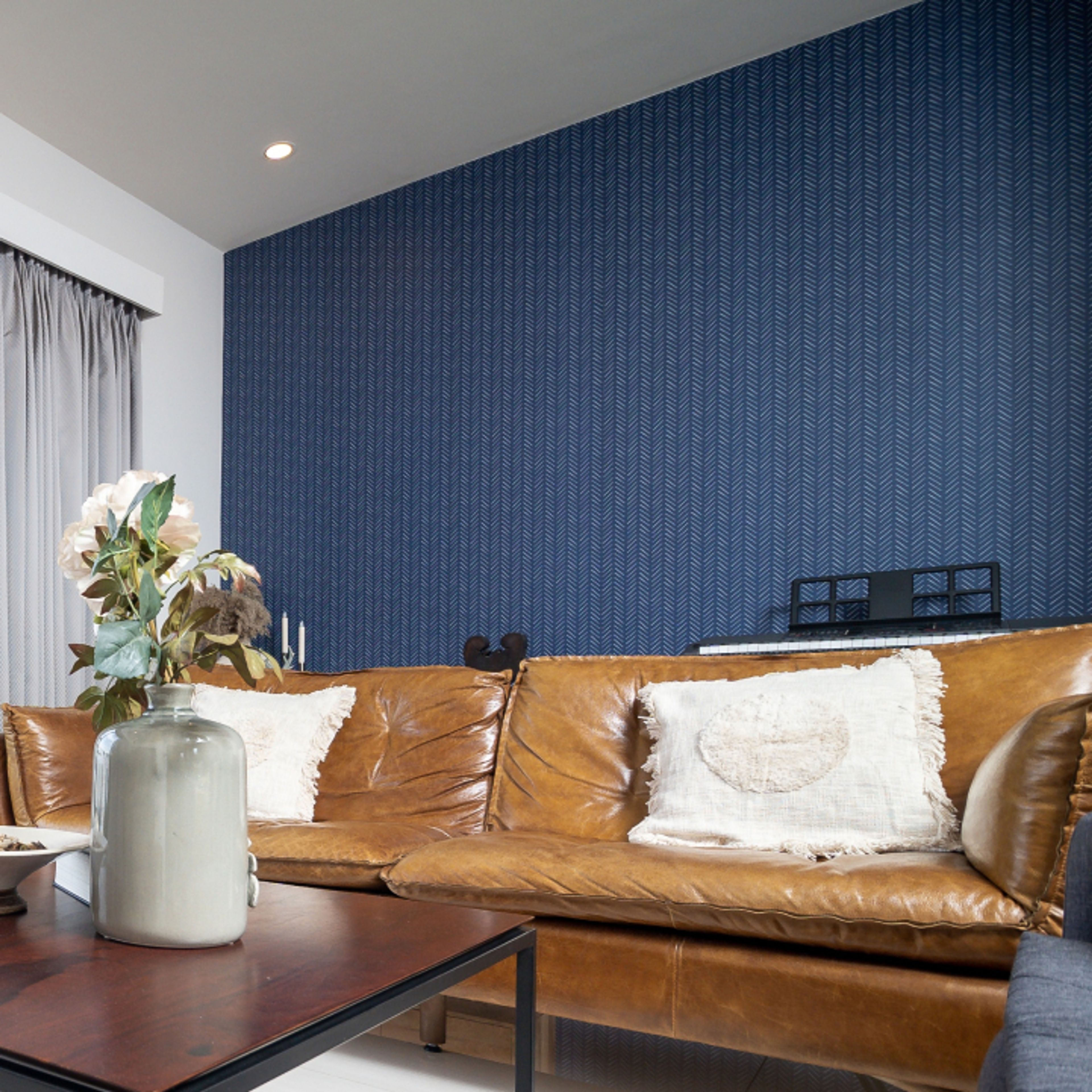 Dark Blue Wallpaper Design For Living Rooms - Livspace