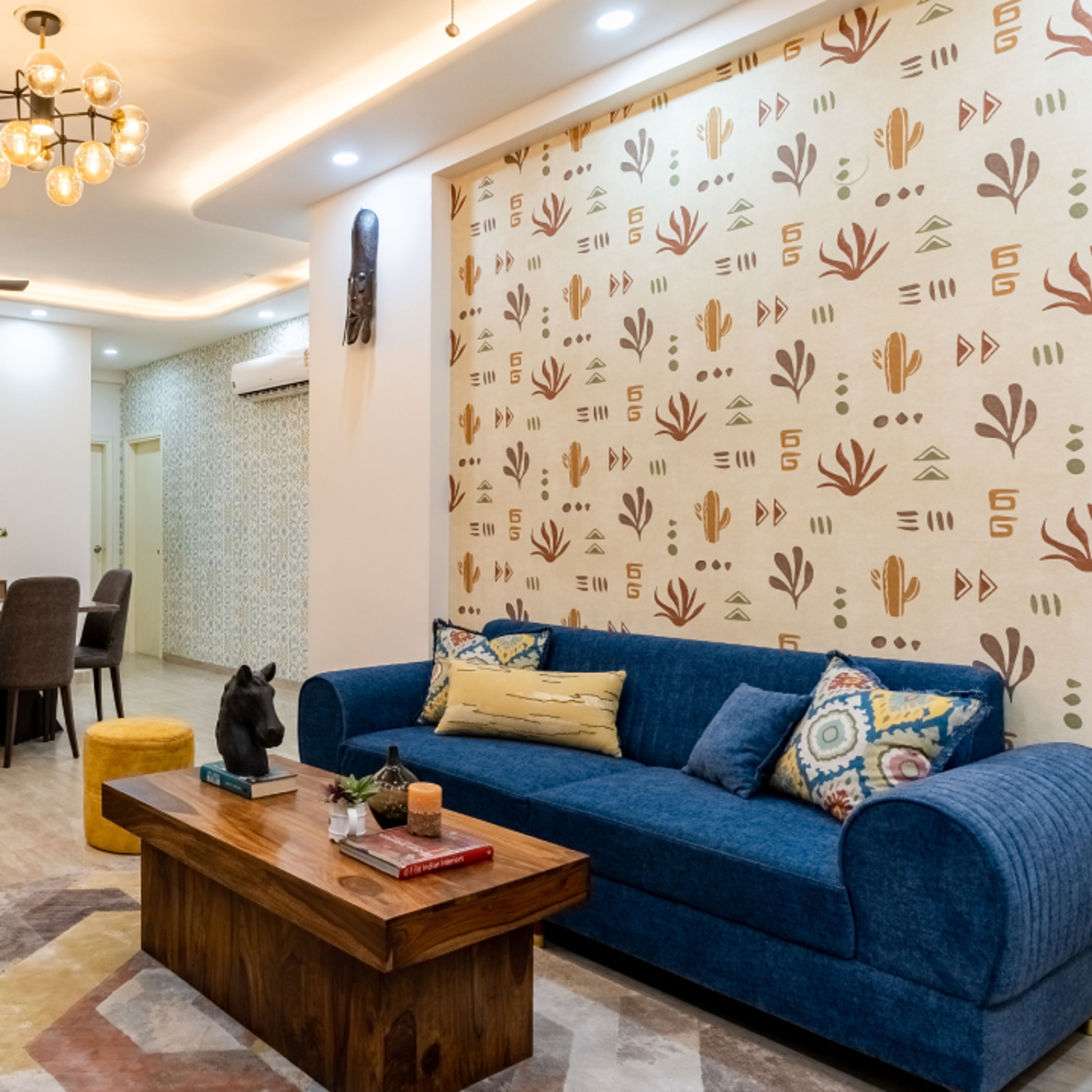 Beige Wallpaper Design For Compact Living Rooms - Livspace