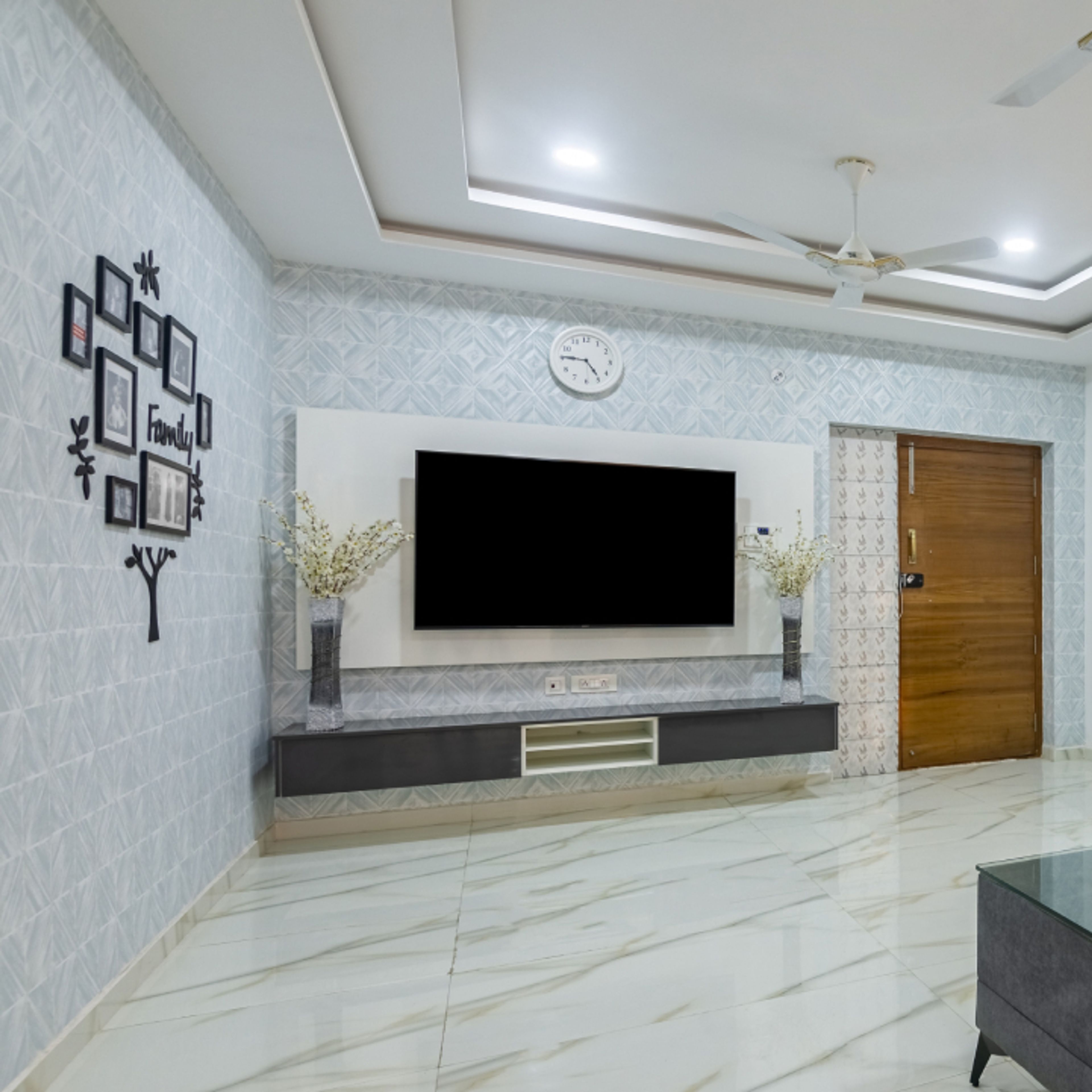 "Blue Abstract Living Room Wallpaper - Livspace "