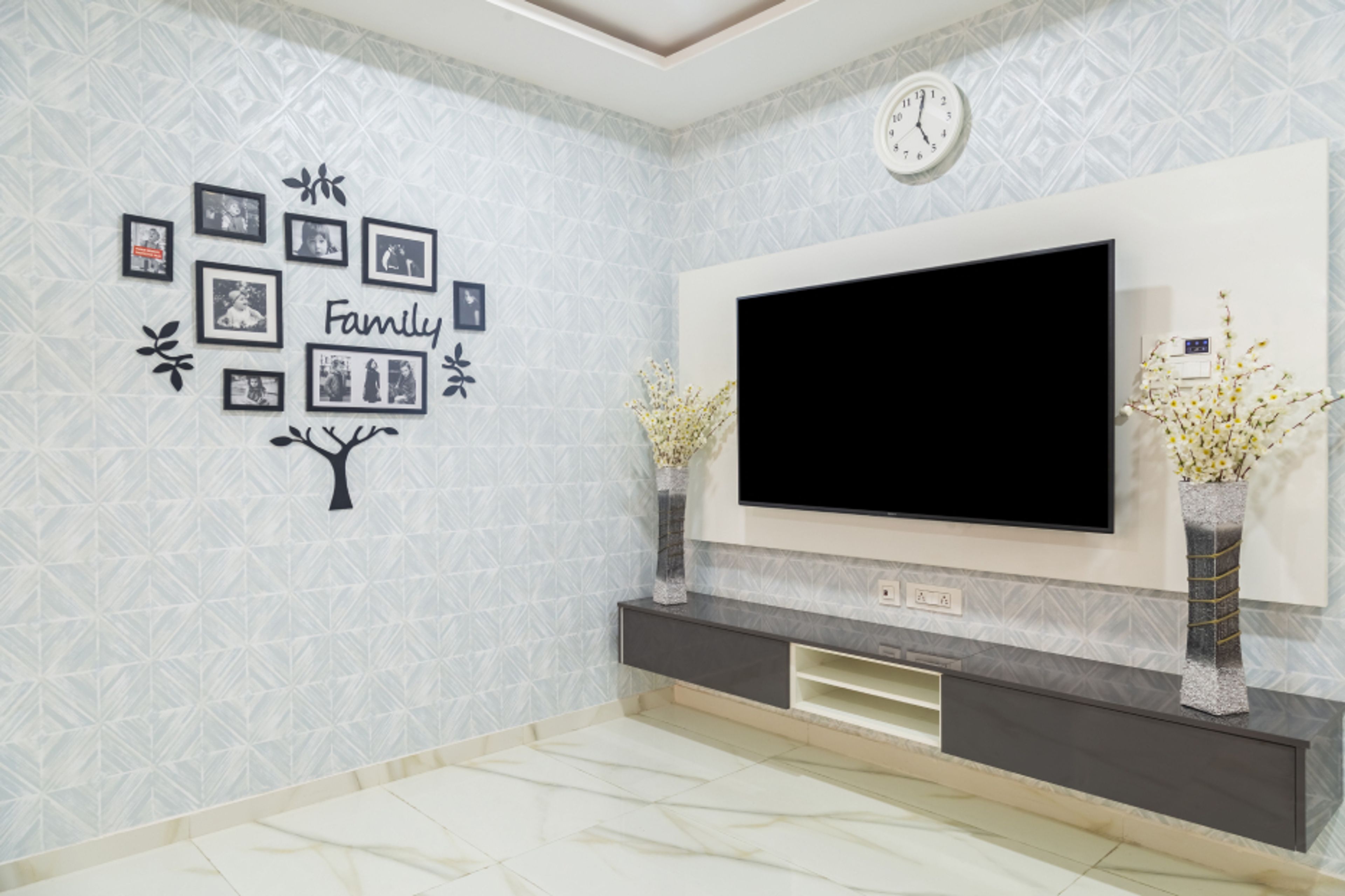 "Blue Abstract Living Room Wallpaper - Livspace "