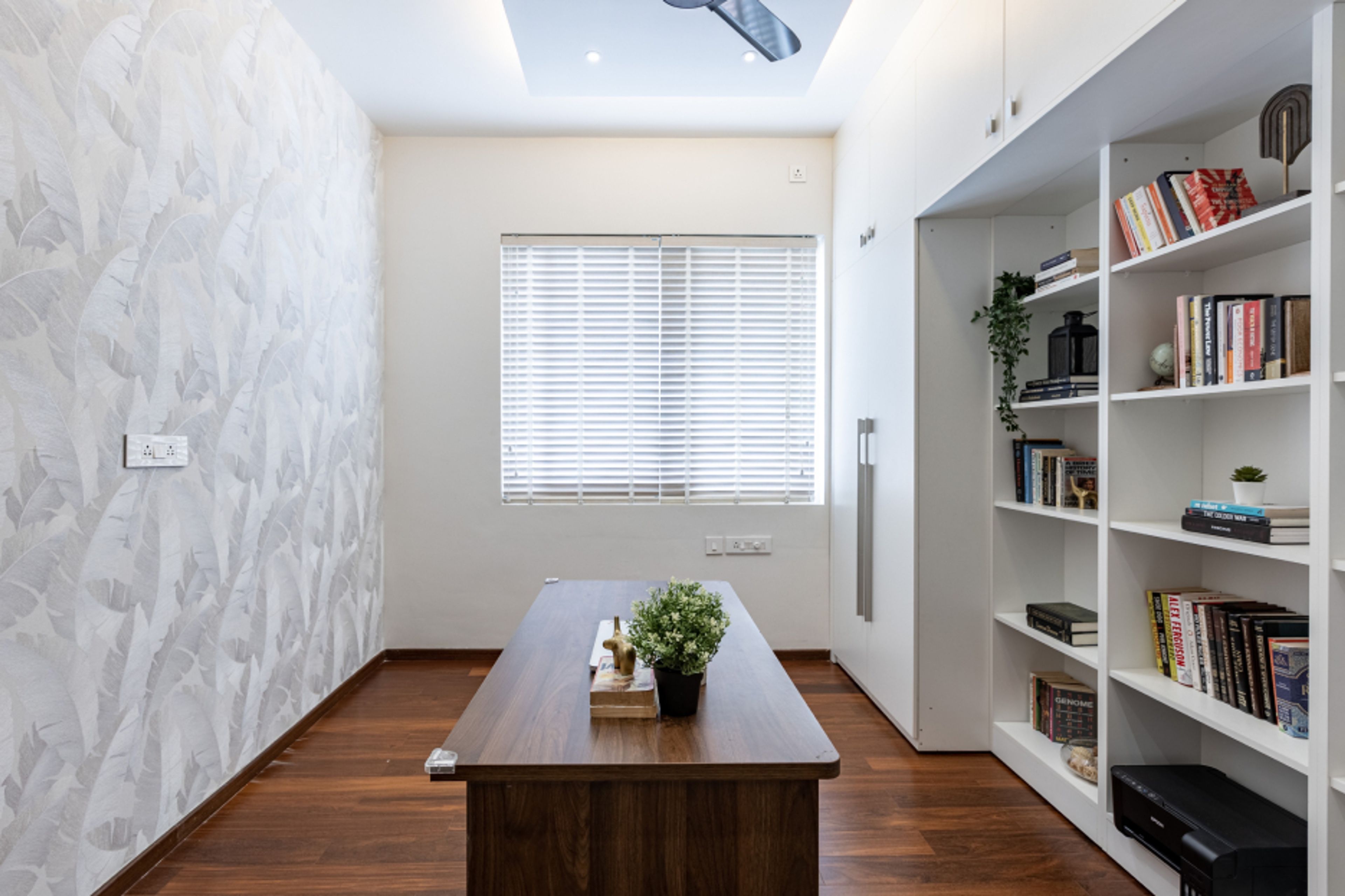 Leaf-Themed Tropical Wallpaper Design In Grey And White - Livspace