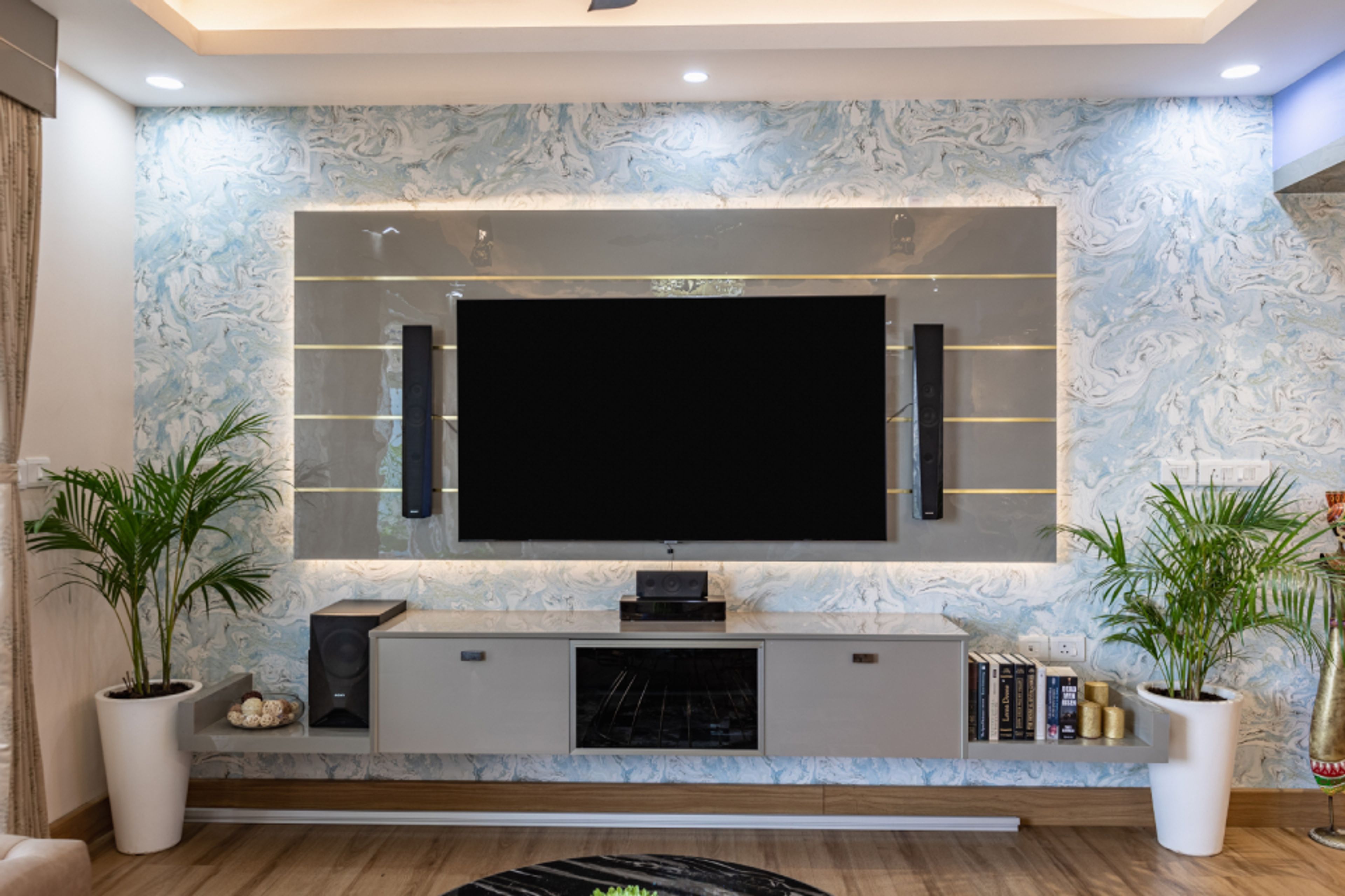 Blue And White Marble Finish Living Room Wallpaper - Livspace