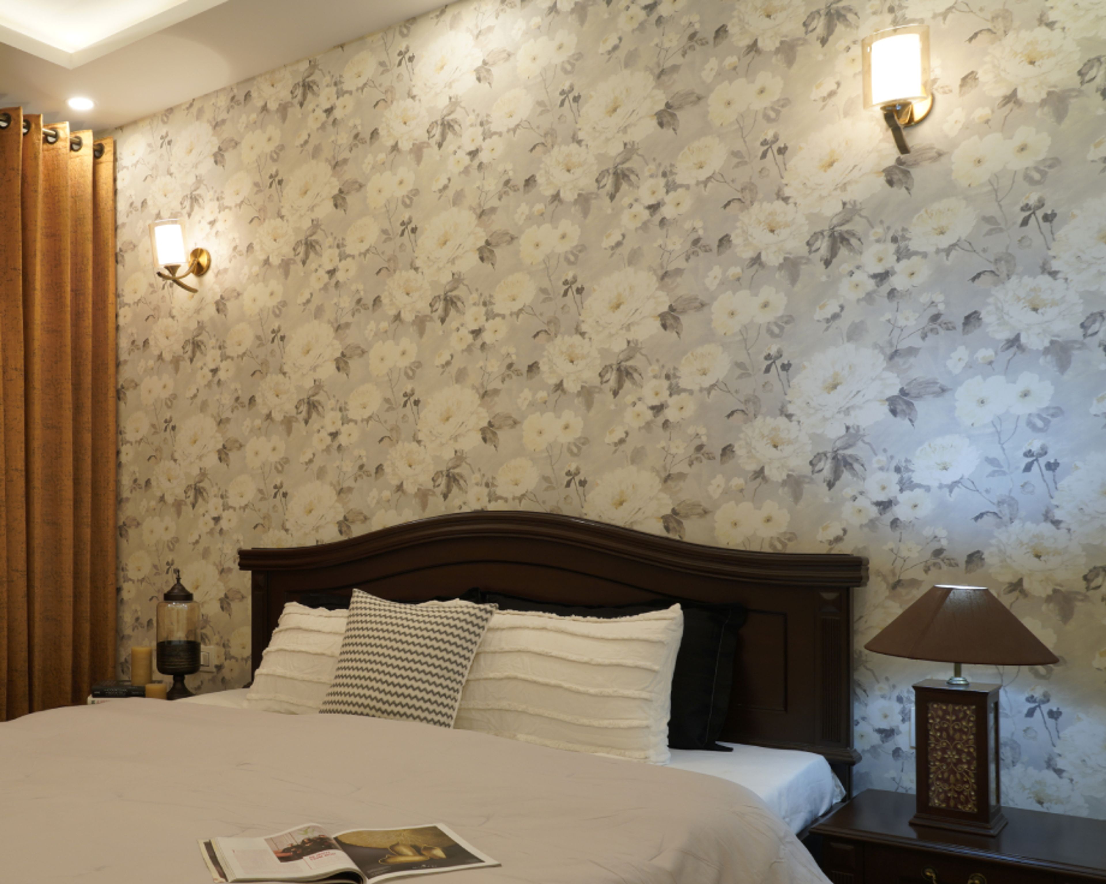 White Floral Bedroom Wallpaper With Wall Sconces - Livspace