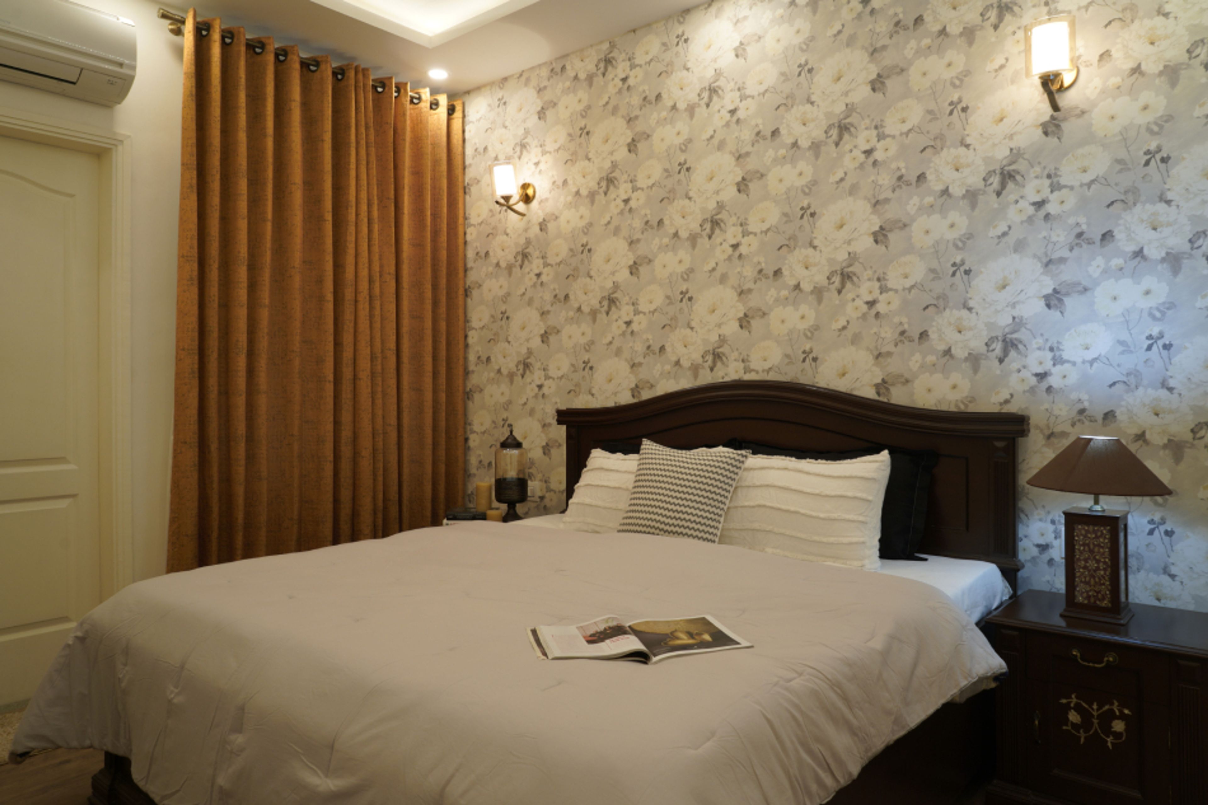 White Floral Bedroom Wallpaper With Wall Sconces - Livspace