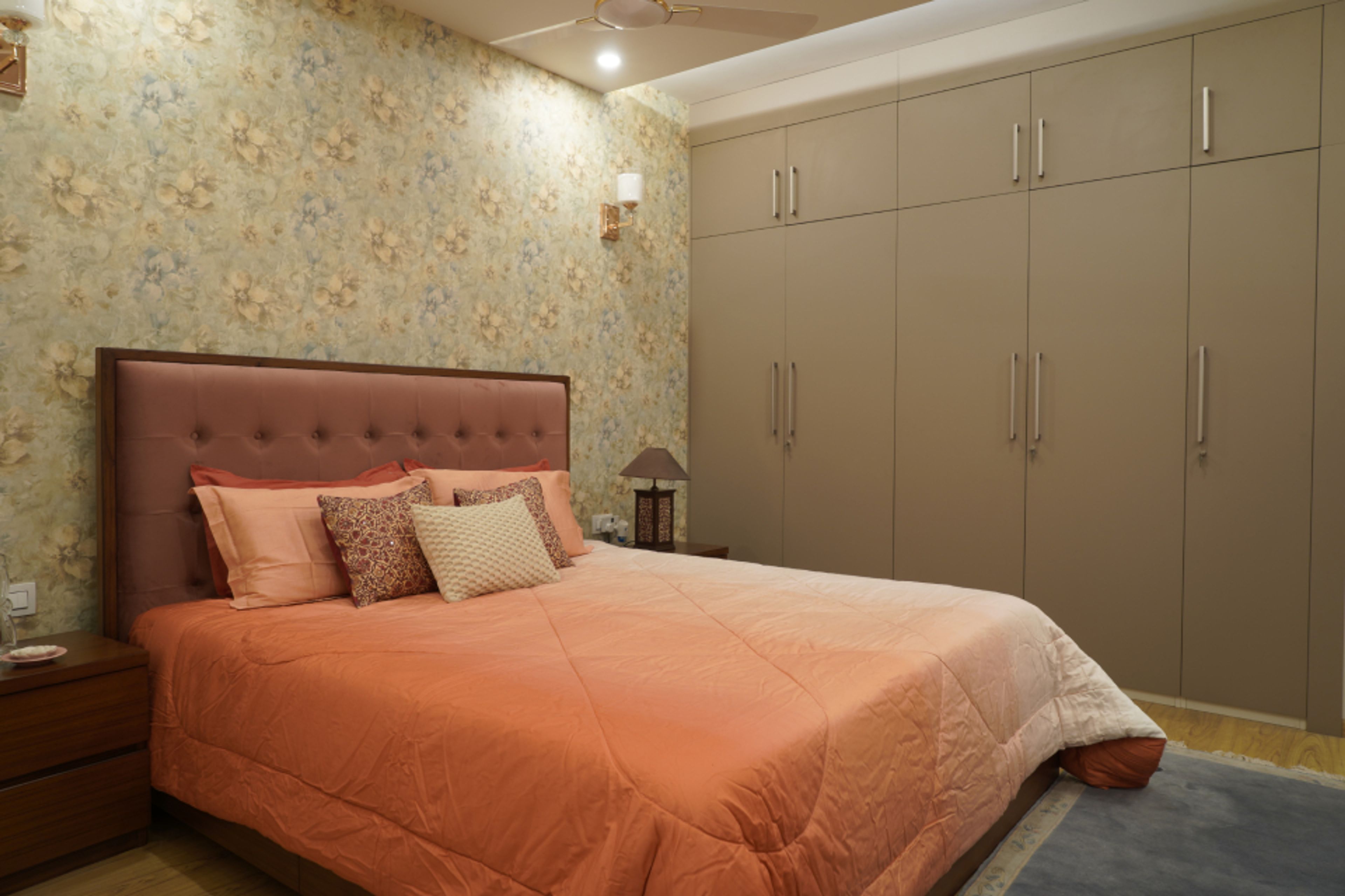 Beige Bedroom Wallpaper With Floral Patterns - Livspace