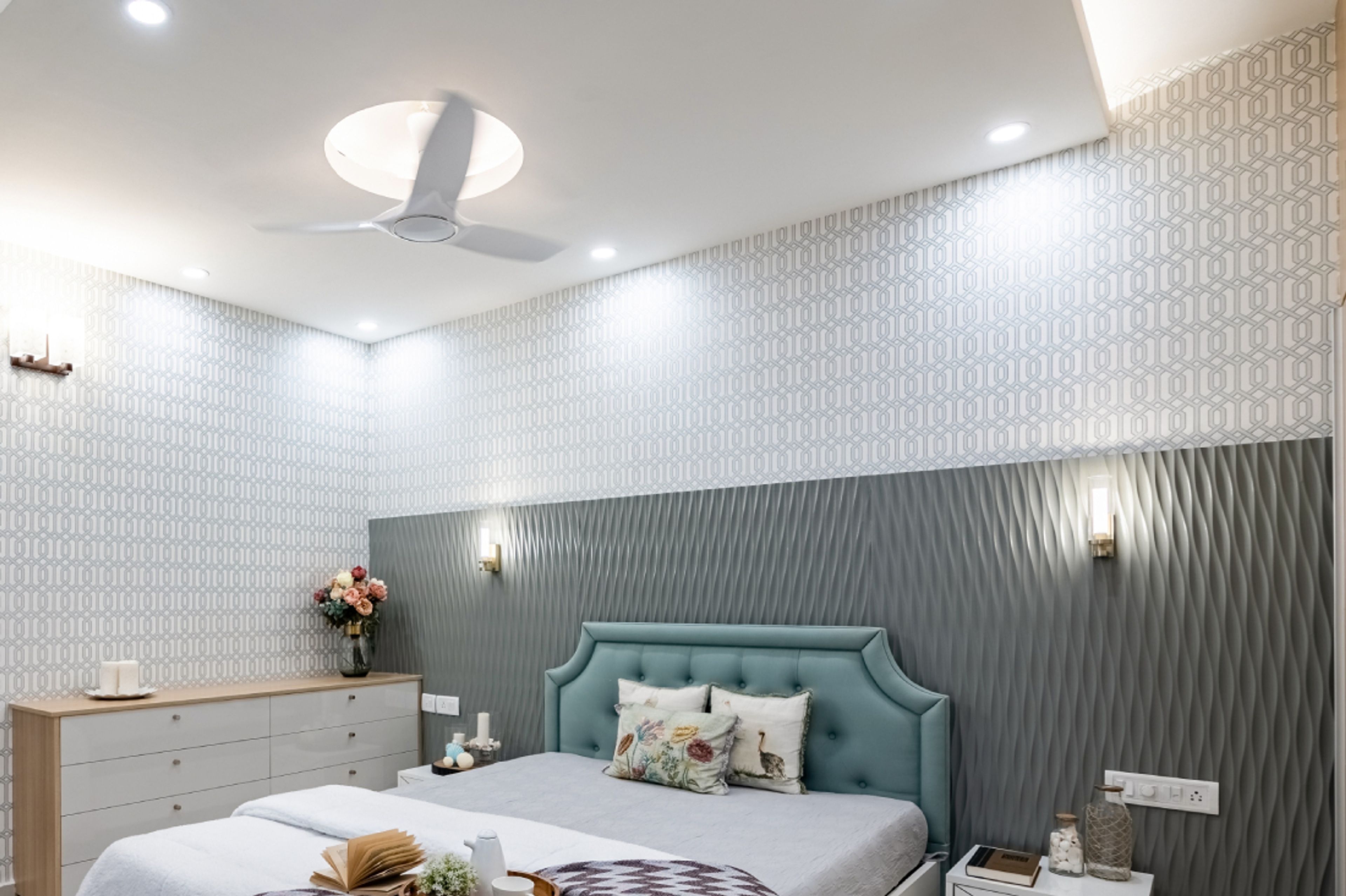 White And Grey Geometric Bedroom Wallpaper - Livspace