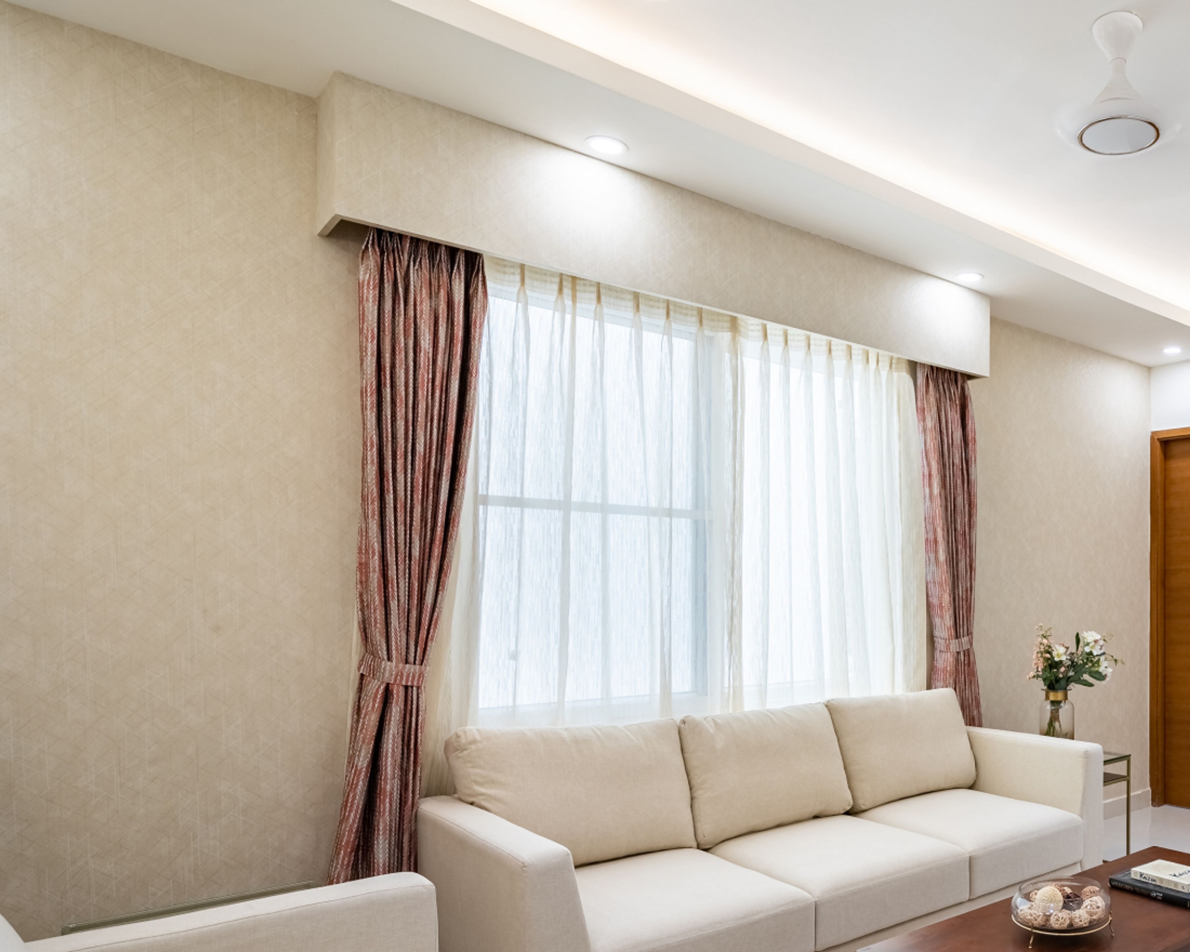 Cream And White Living Room Wallpaper - Livspace