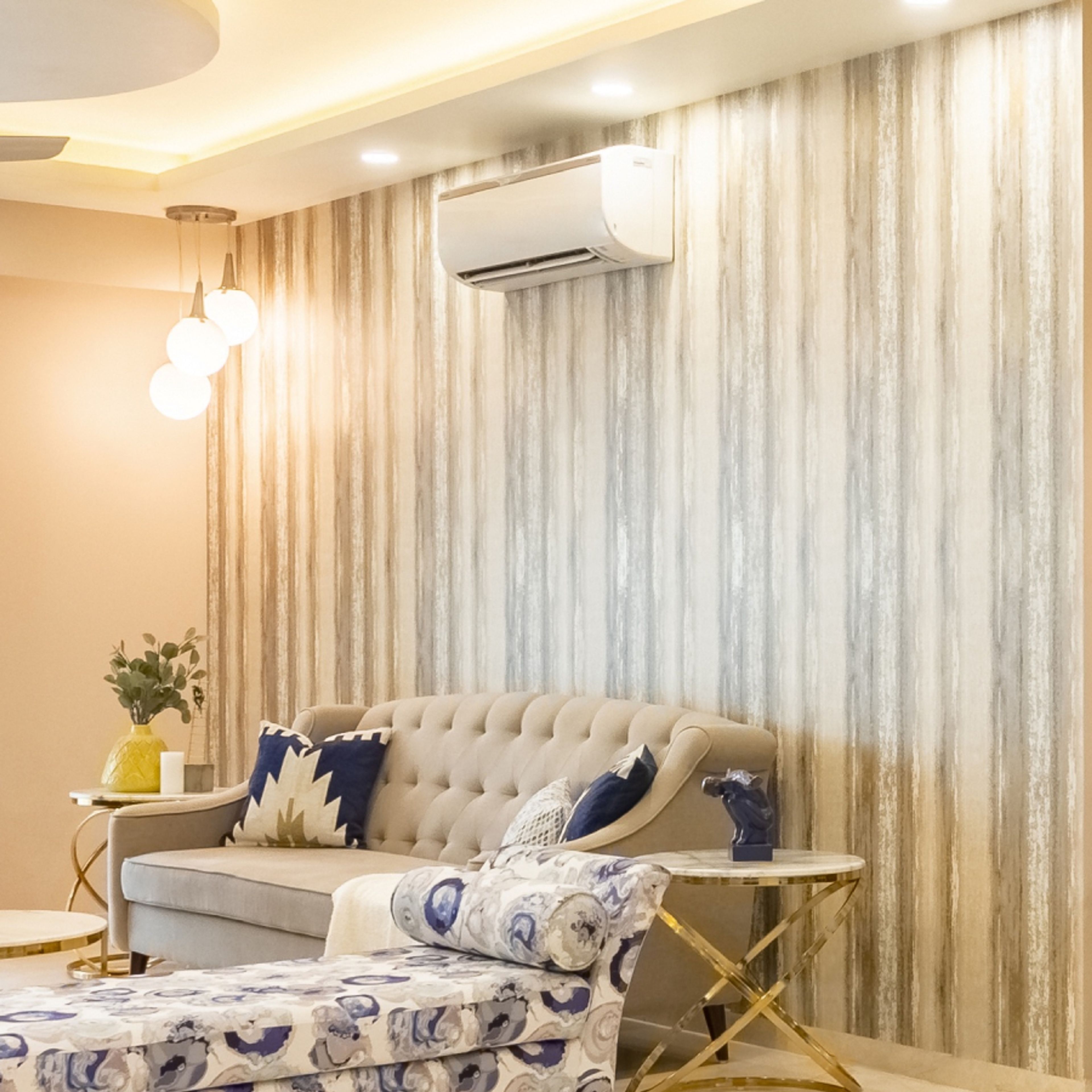 Light-Coloured Living Room Wallpaper With Vertical Grains - Livspace