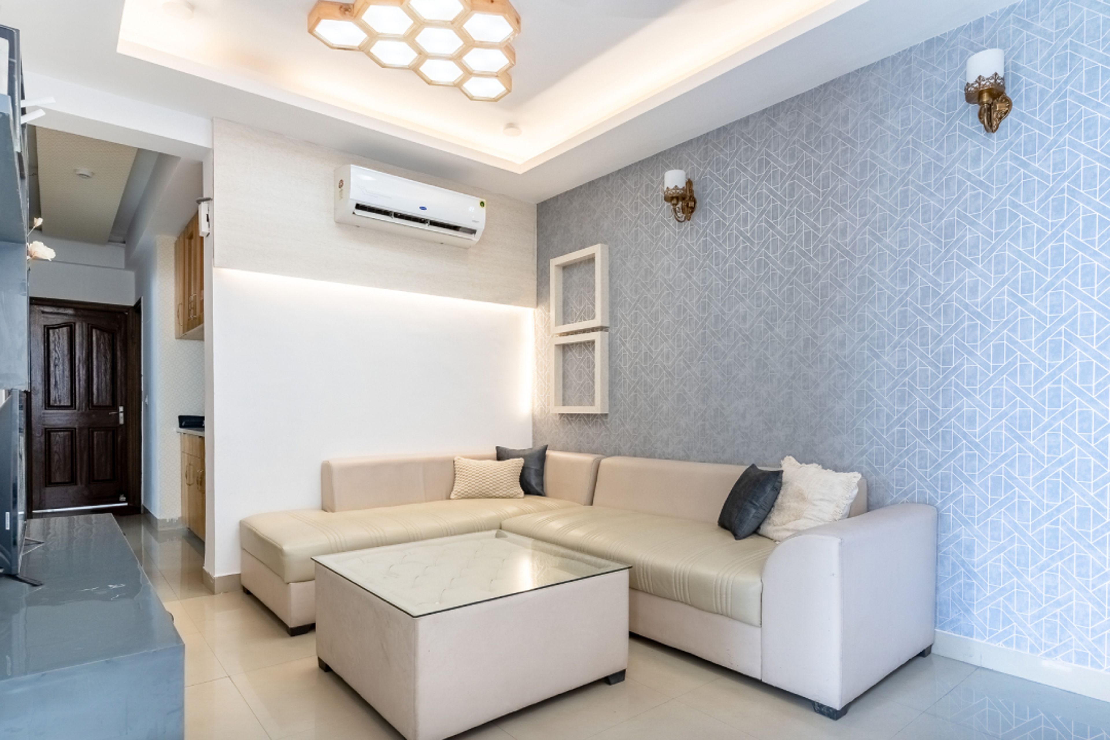 Pale Blue Abstract Living Room Wallpaper - Livspace