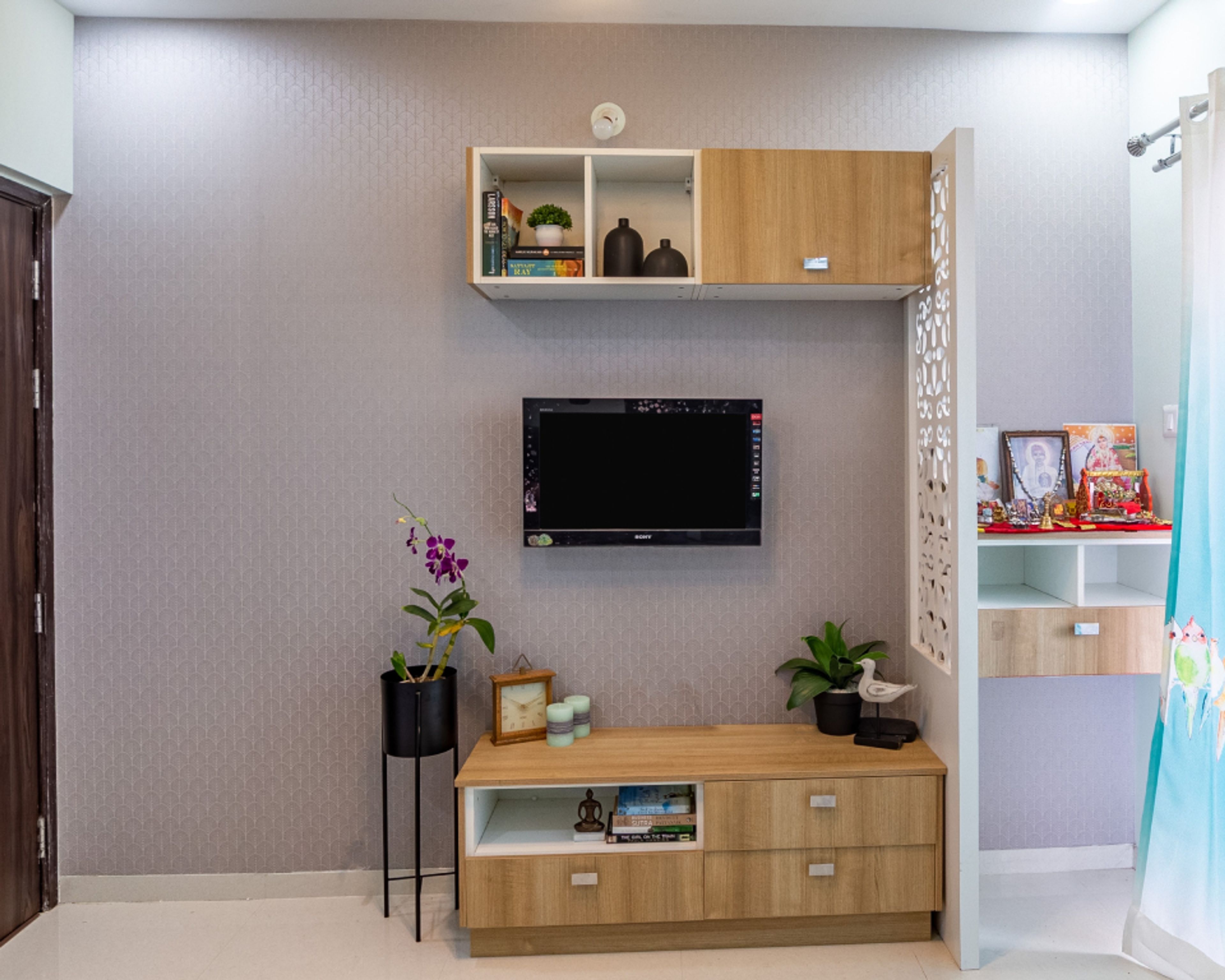 Grey Living Room Wallpaper With A TV Wall And CNC Partition - Livspace