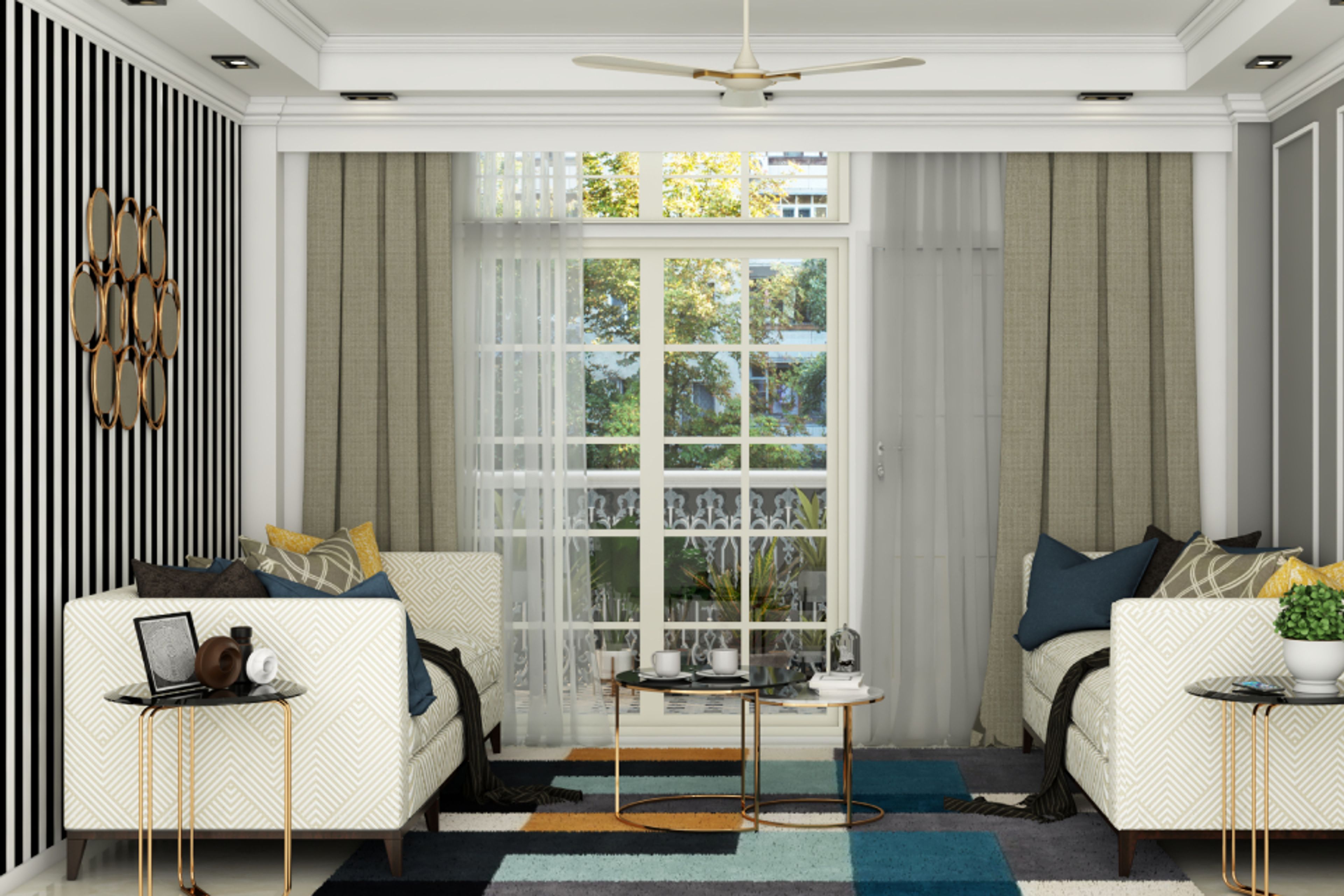 Black And White Living Room Wallpaper With A Mirror - Livspace