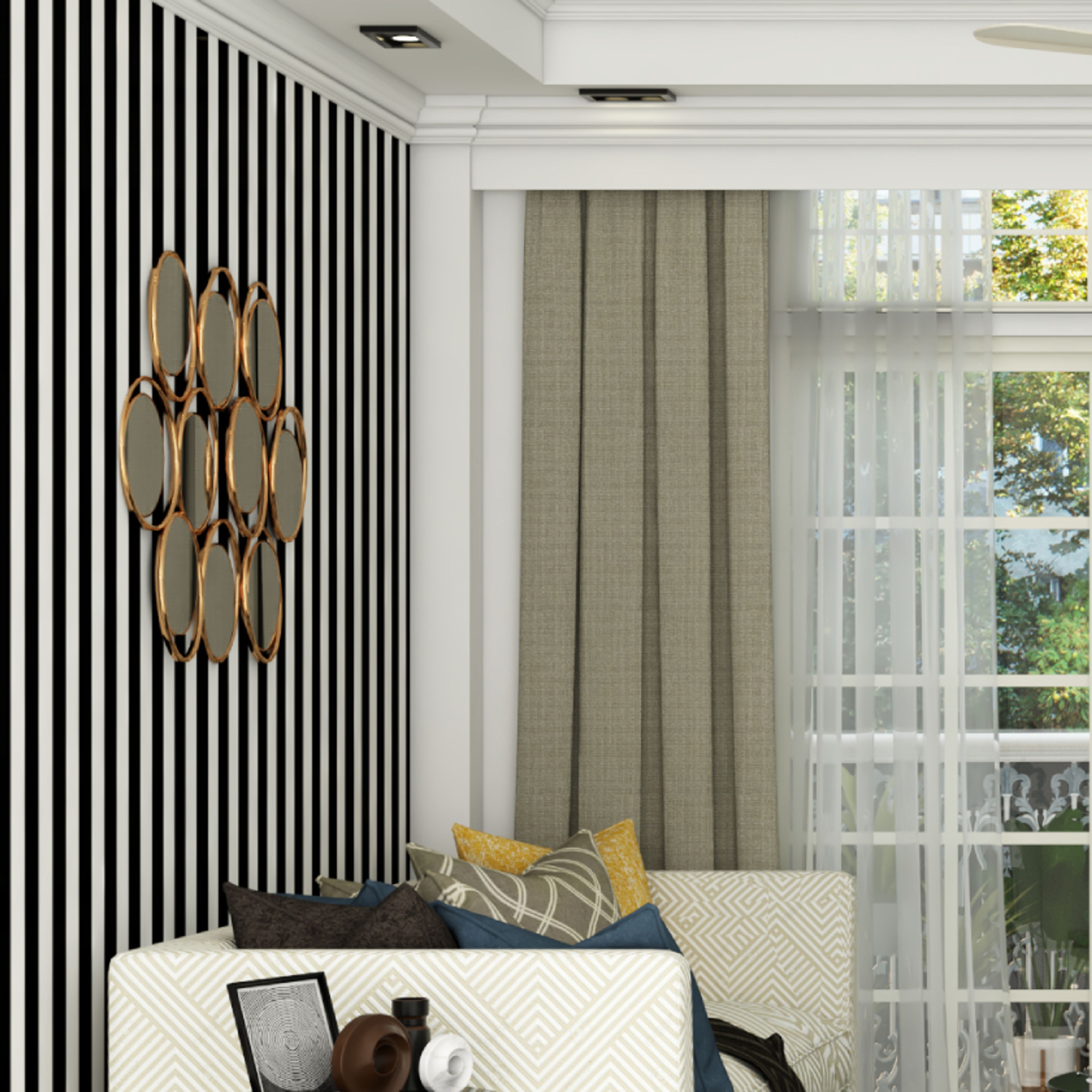Black And White Living Room Wallpaper With A Mirror - Livspace