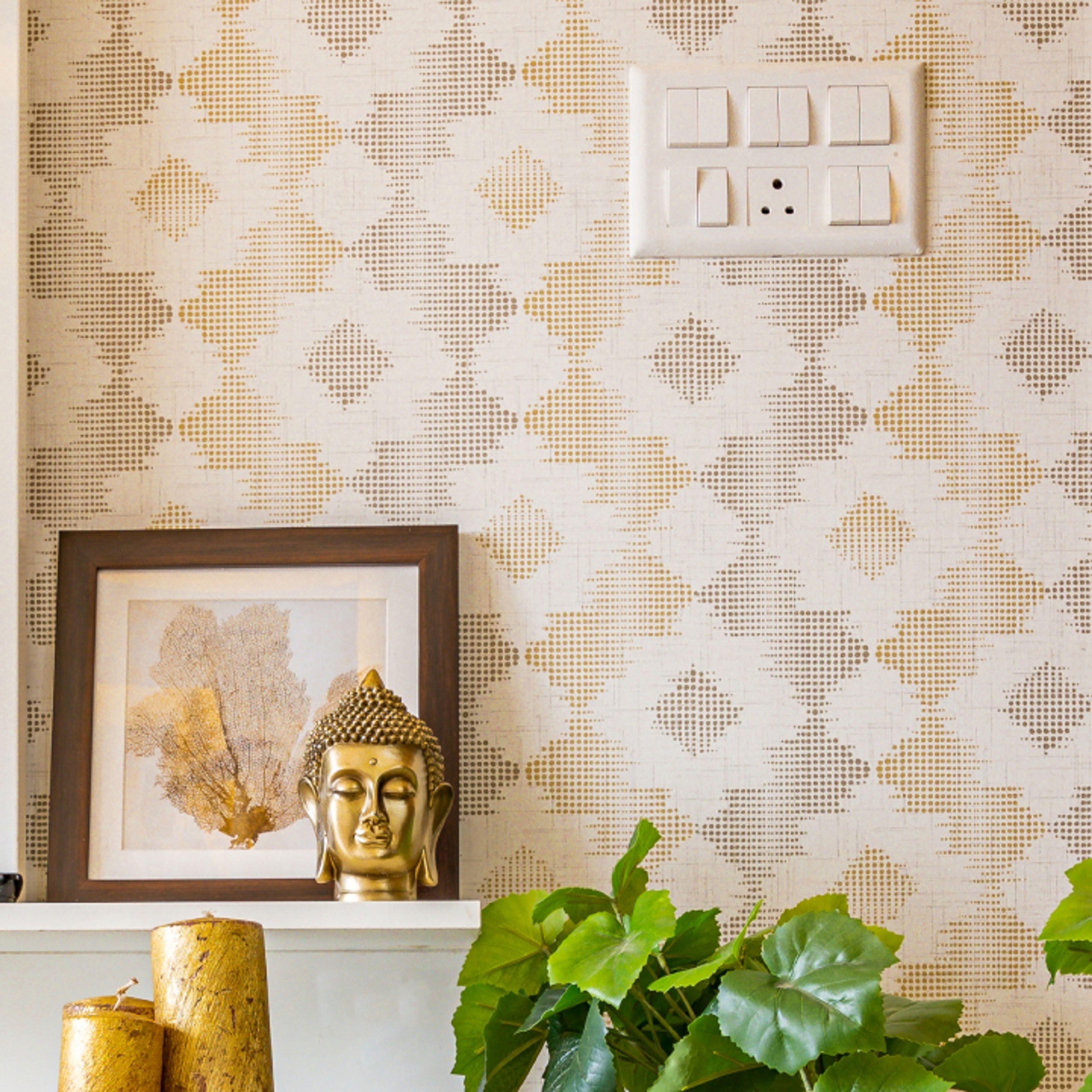 Beige Living Room Wallpaper With Indoor Plants - Livspace