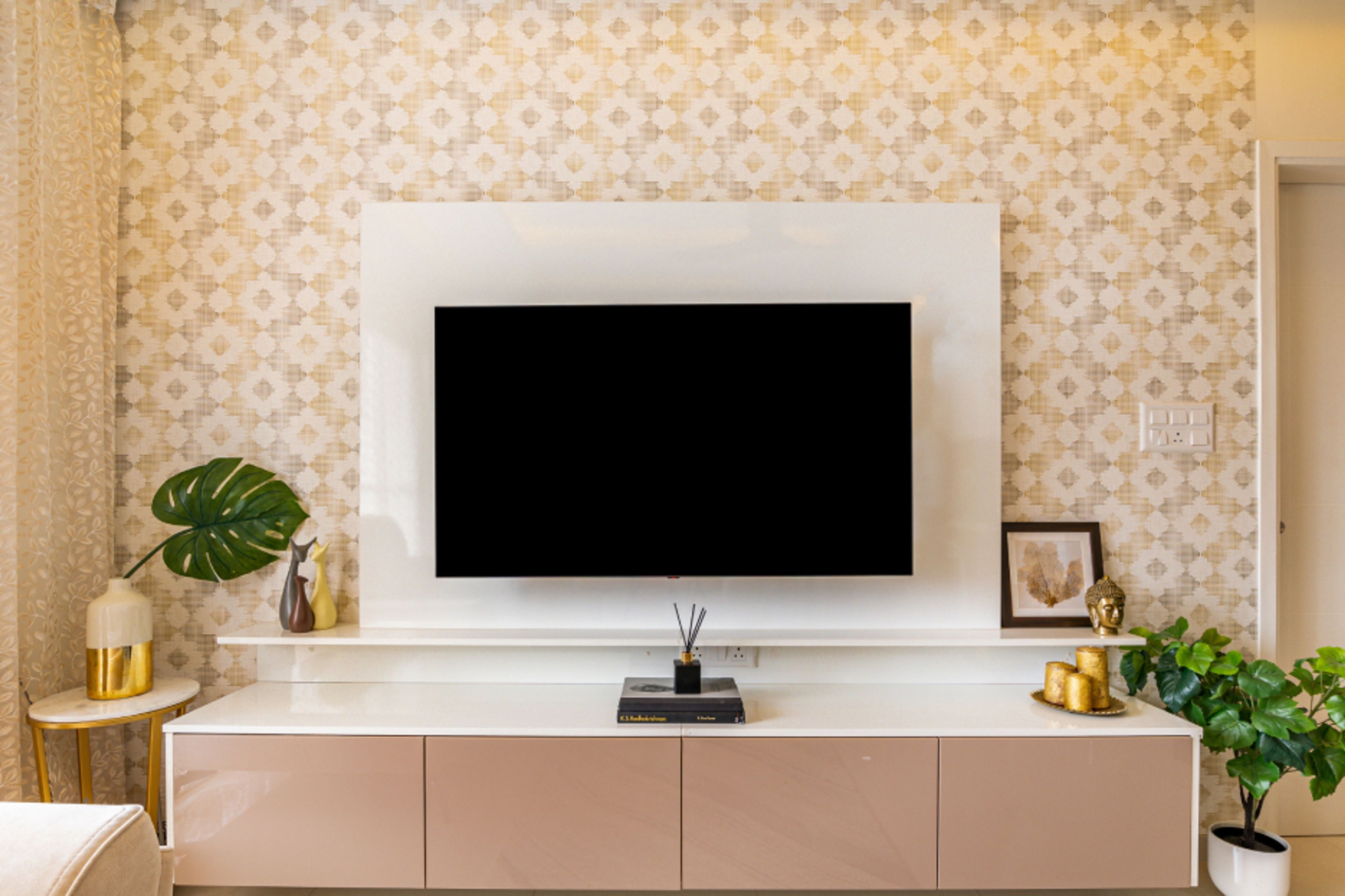 Beige Living Room Wallpaper With Indoor Plants - Livspace