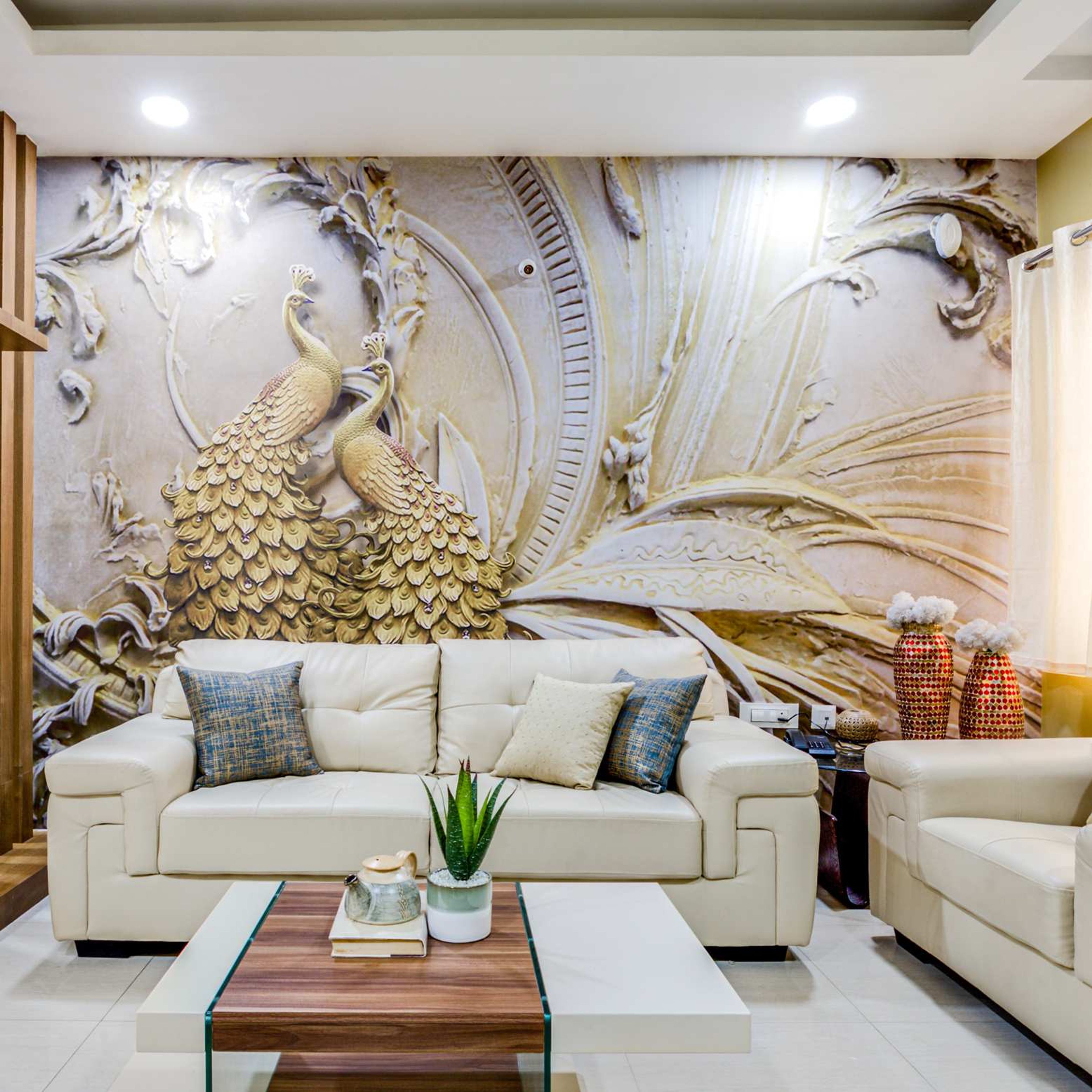 Warm-Toned Living Room Wallpaper With A Wooden Partition - Livspace