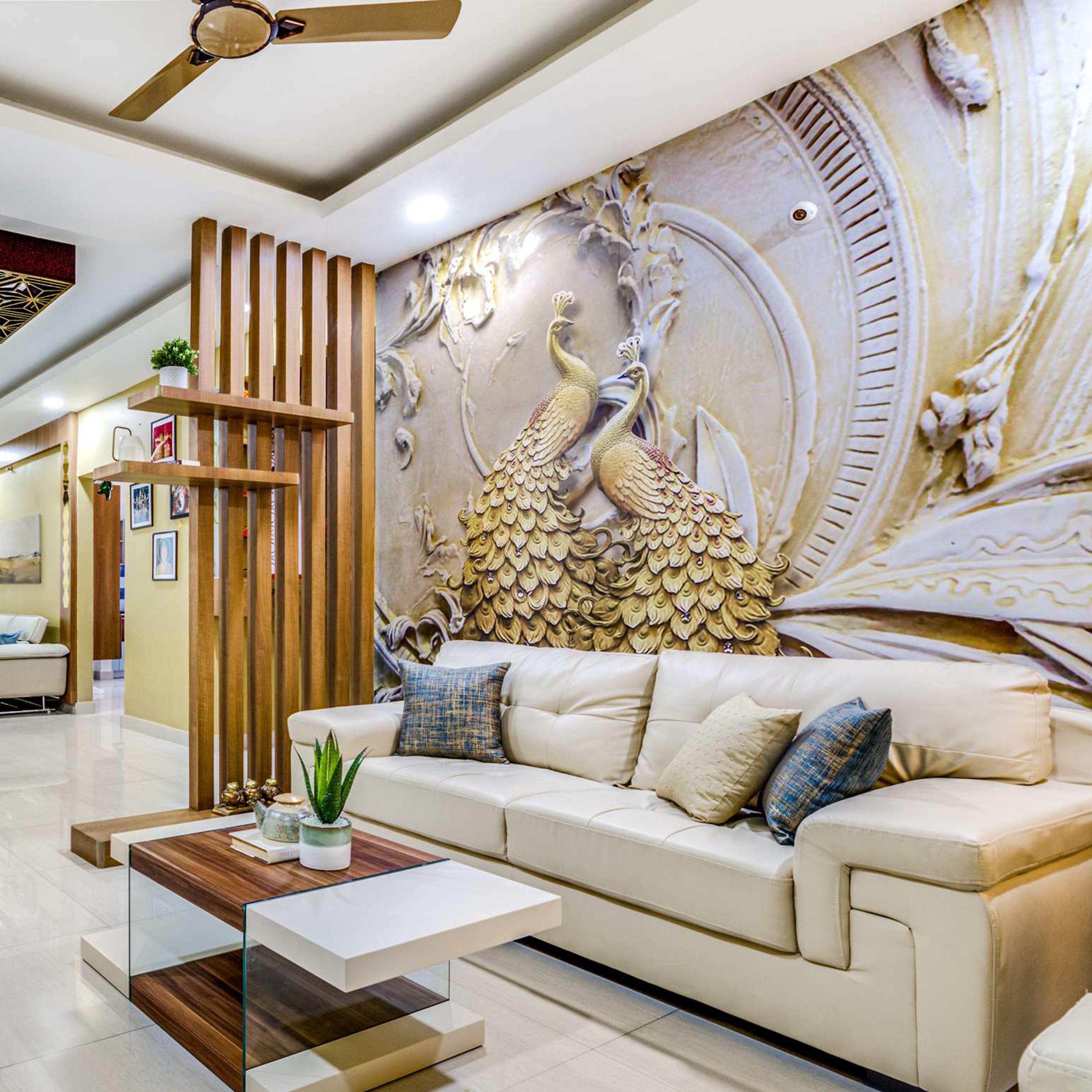 Warm-Toned Living Room Wallpaper With A Wooden Partition - Livspace