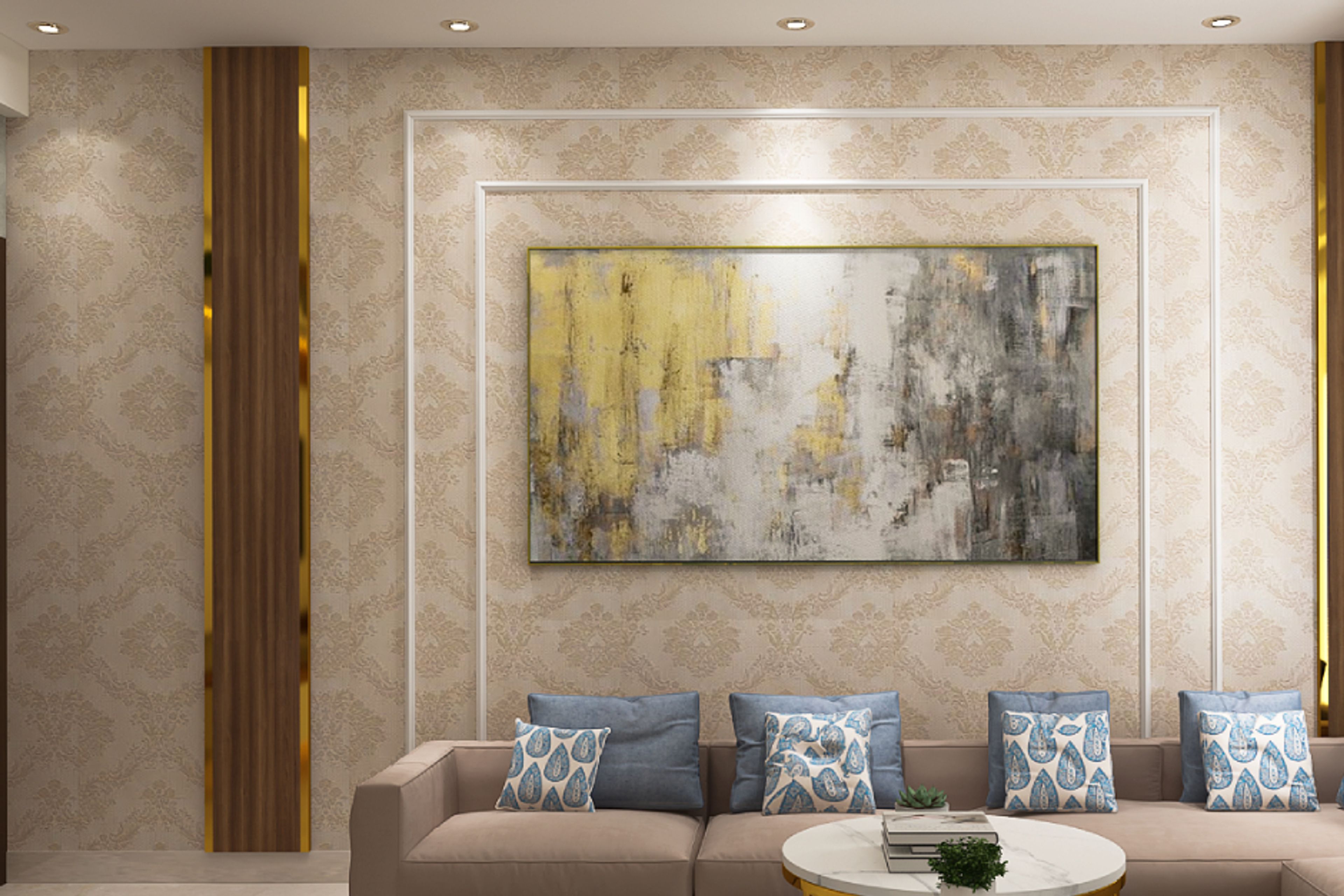 Beige Damask Wallpaper For Living Rooms - Livspace