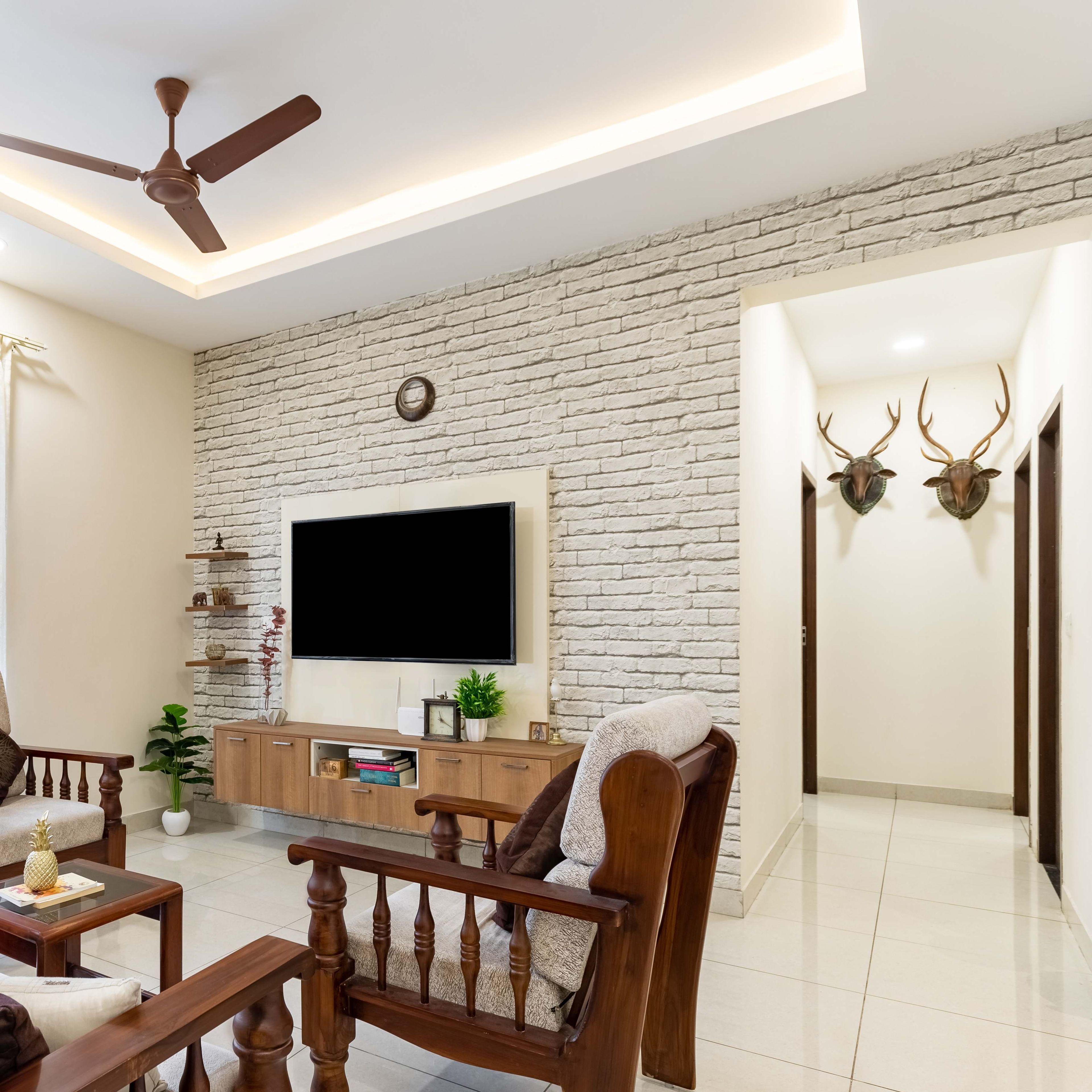 Modern White Exposed Brick Living Room Wallpaper