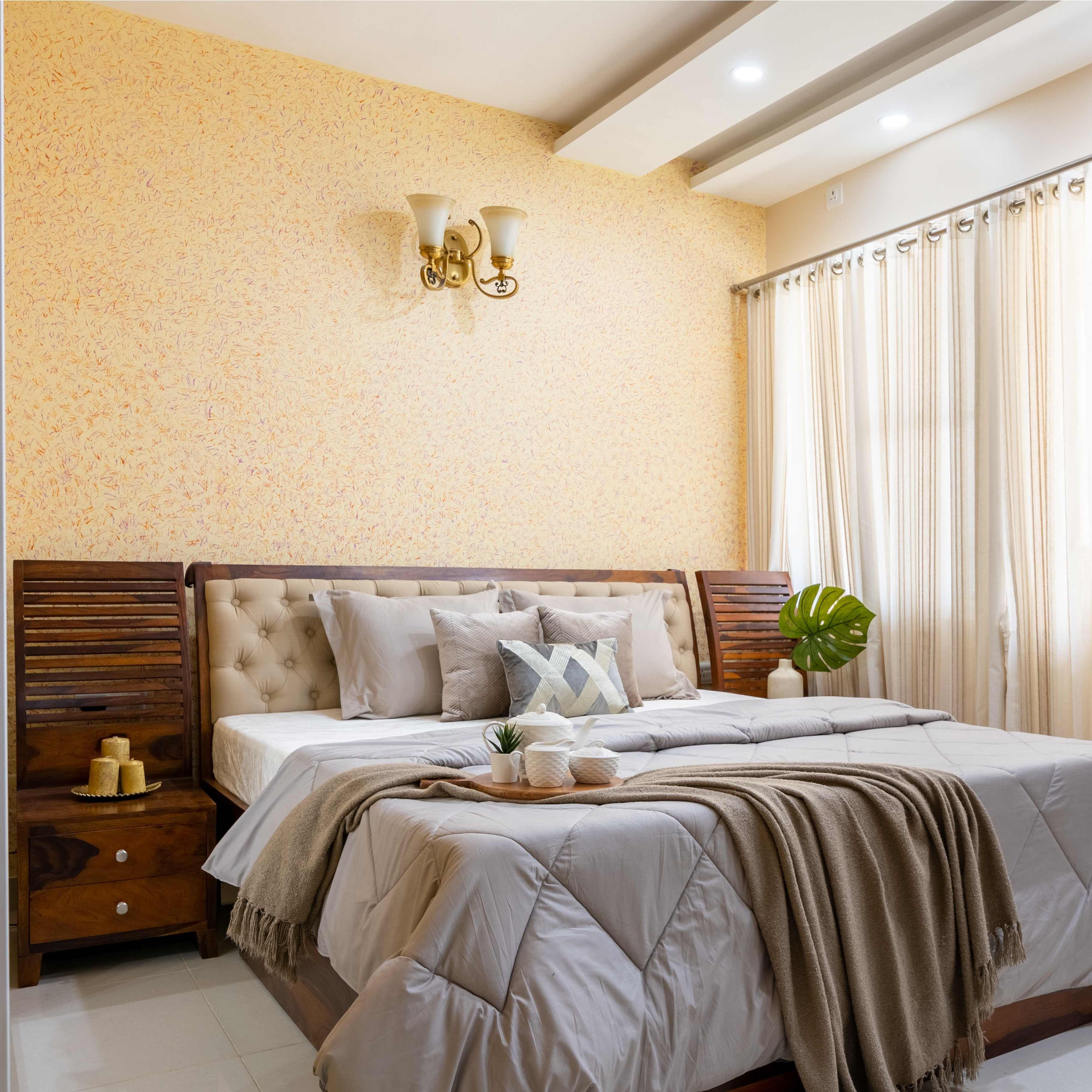 Beige Wallpaper With Golden Sconces - Livspace