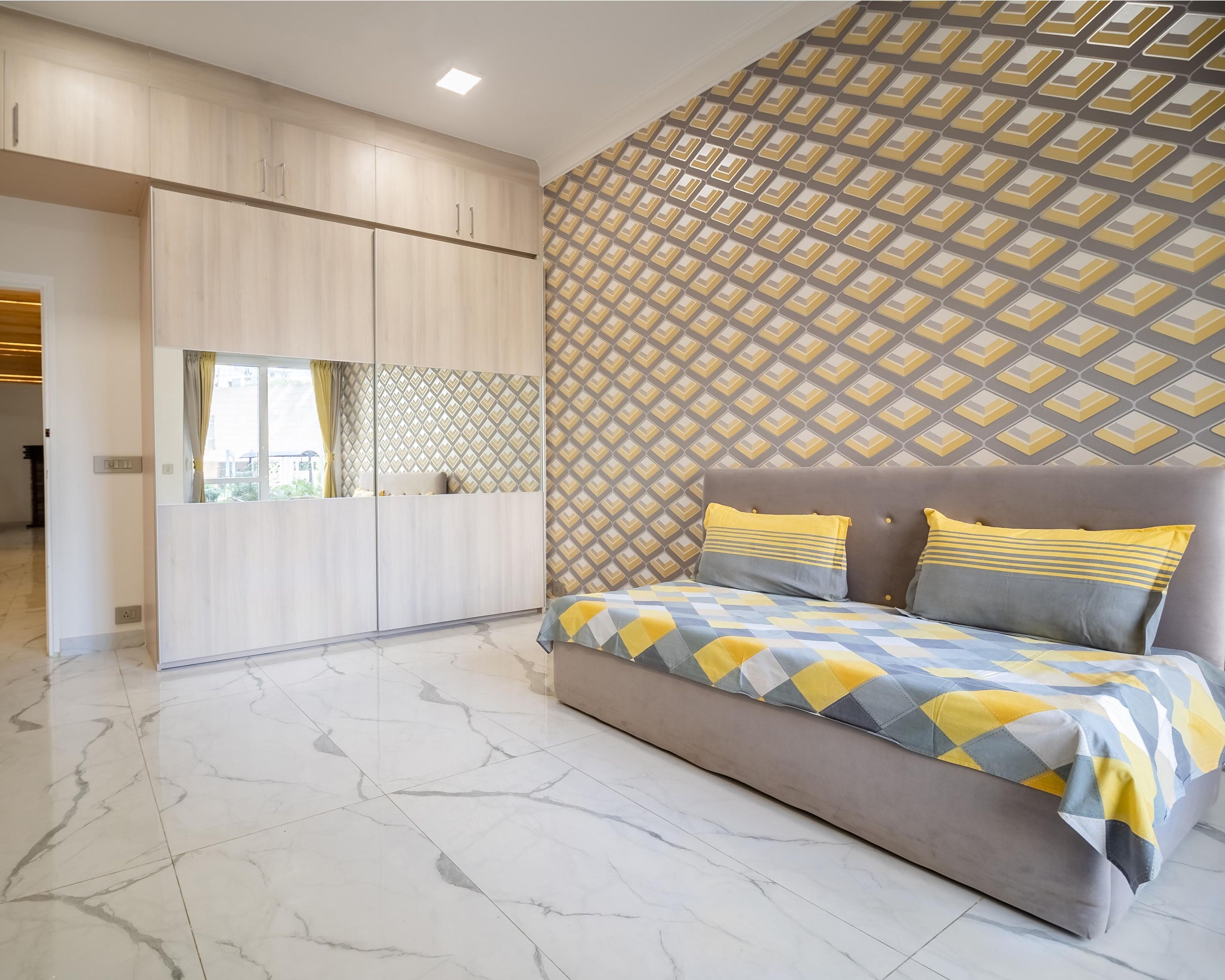 Grey And Mustard Bedroom Wallpaper - Livspace