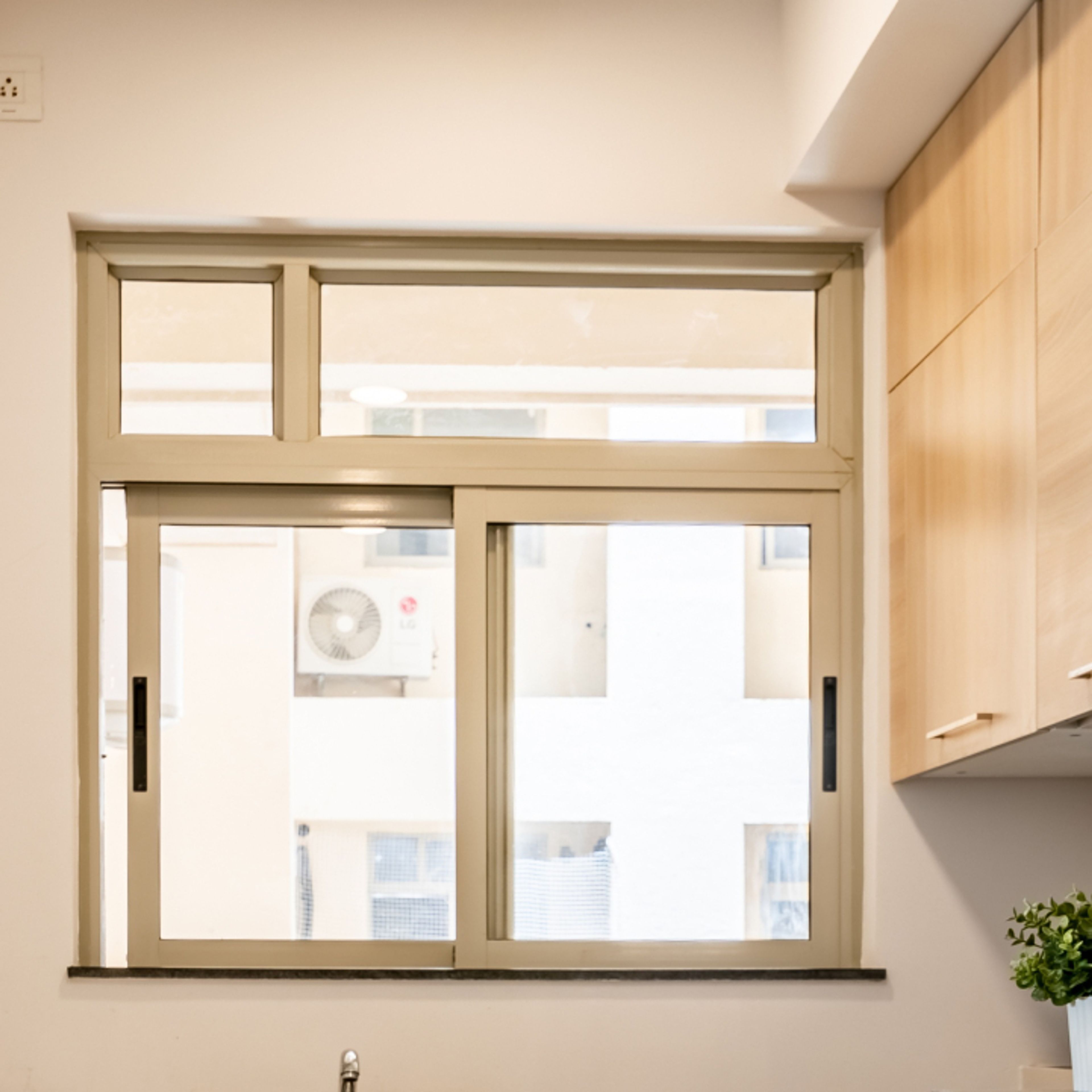 Beige UPVC Window Design With Two-Teir Shutters - Livspace