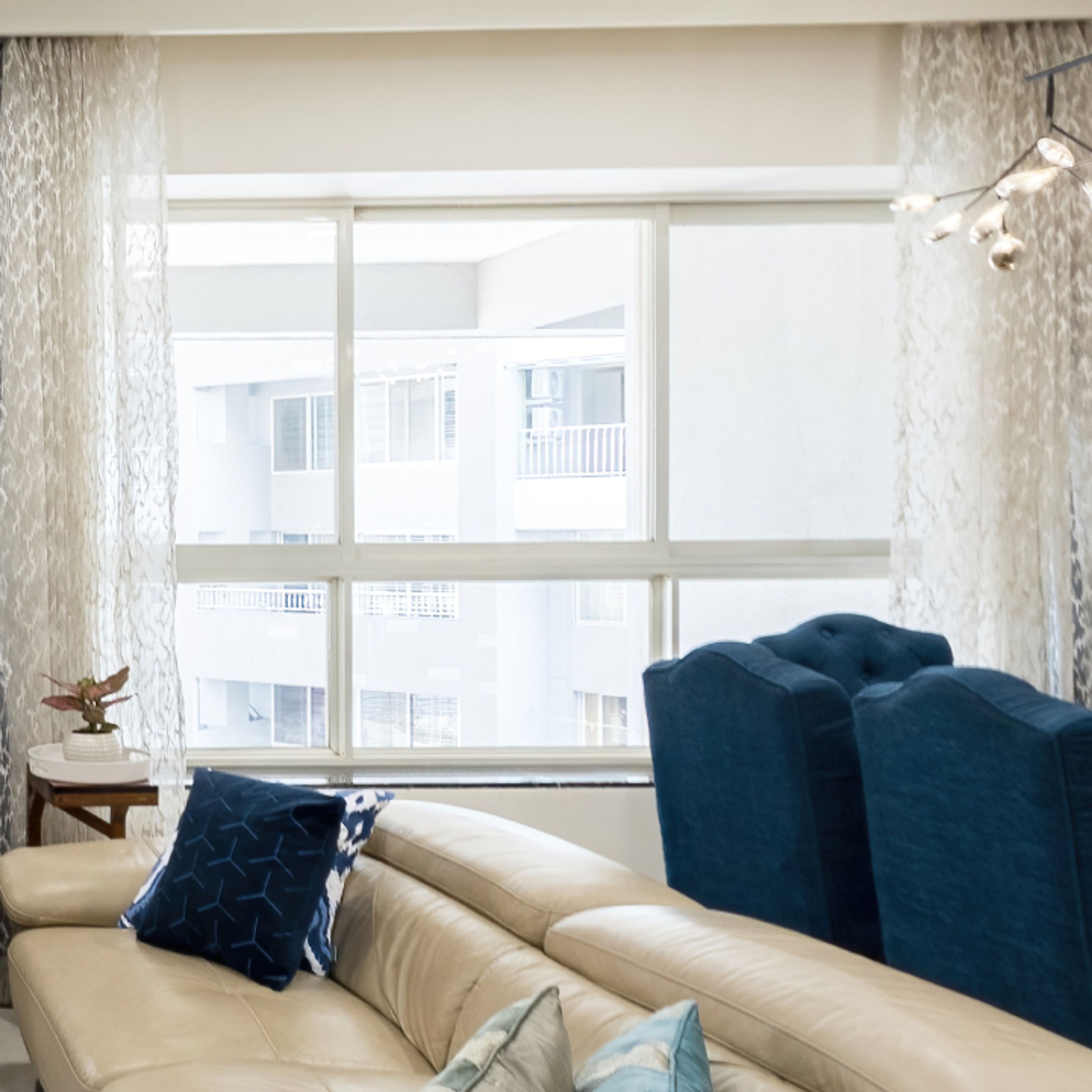 Modern UPVC Window Design With Blue And White Curtains