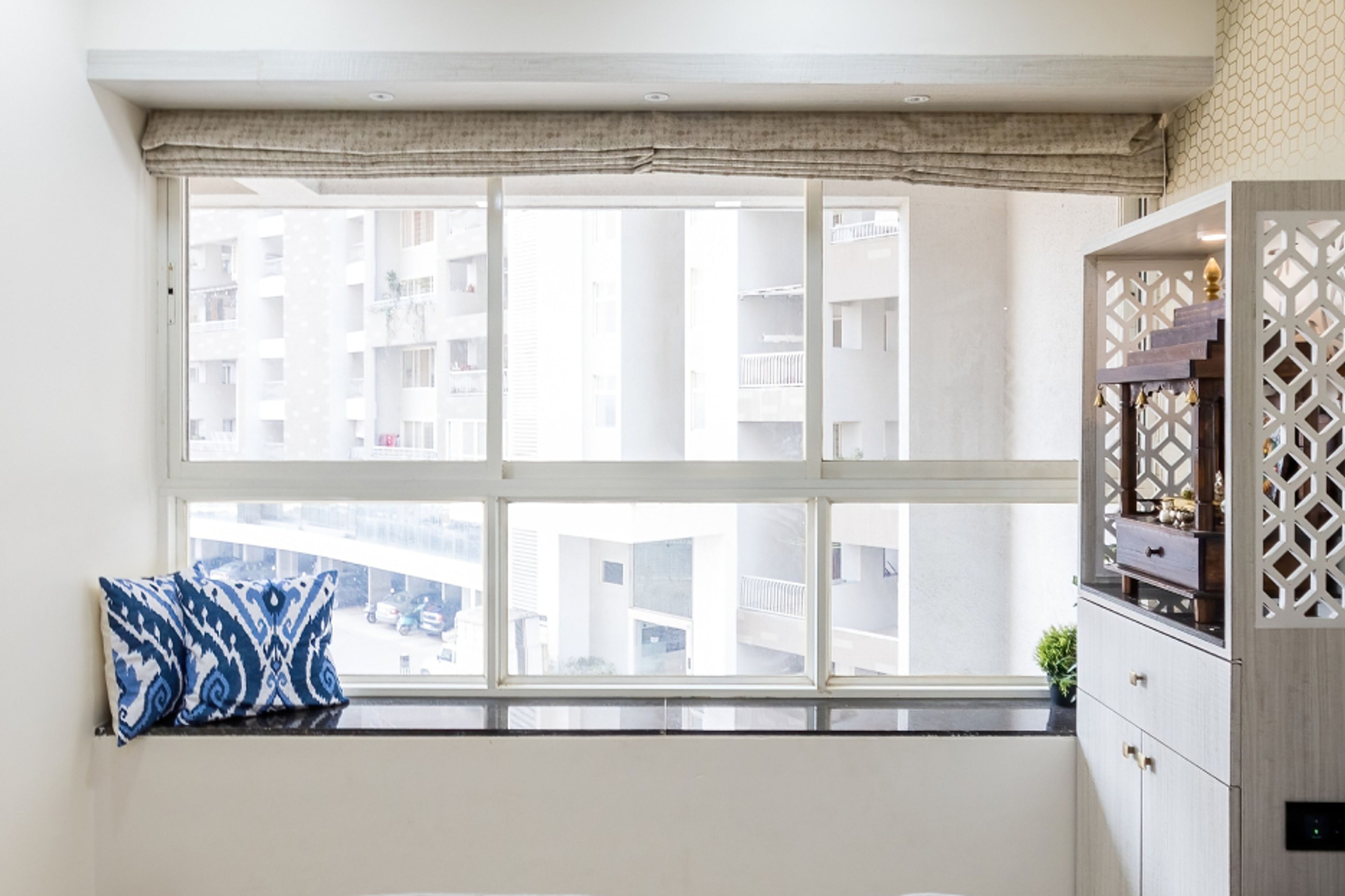 Modern White Window Design With Three-Tier Glass Shutters