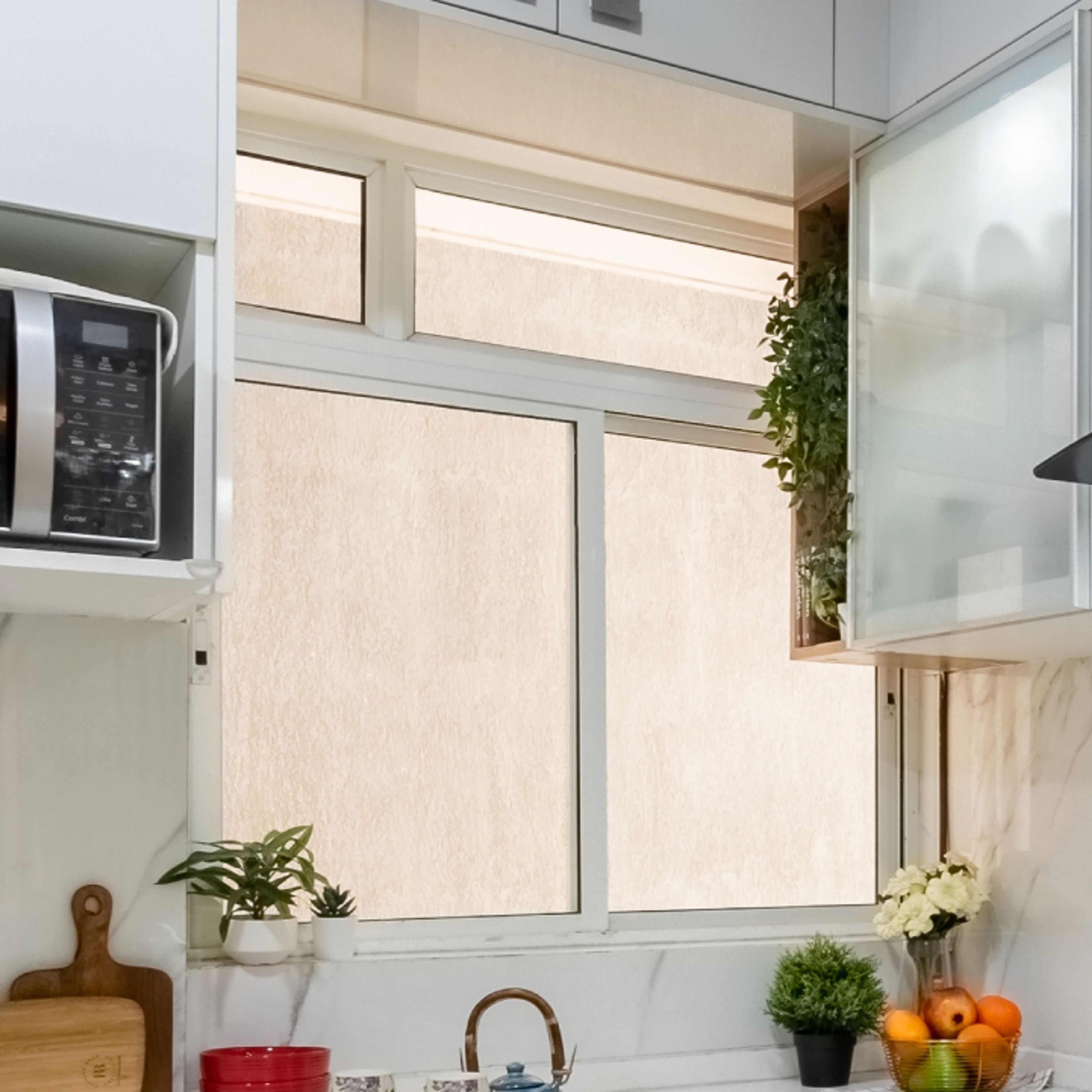 Modern White Window Design With Fixed And Sliding Shutters