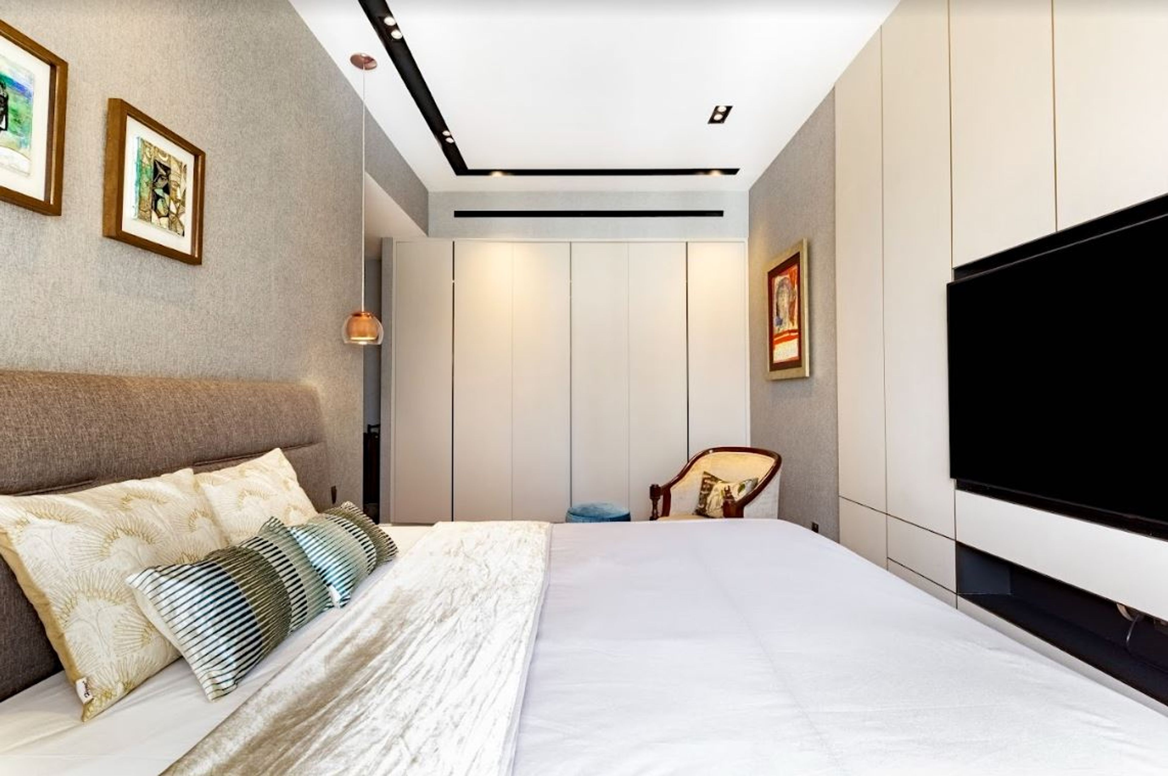 L-Shaped White Gypsum Ceiling Design - Livspace