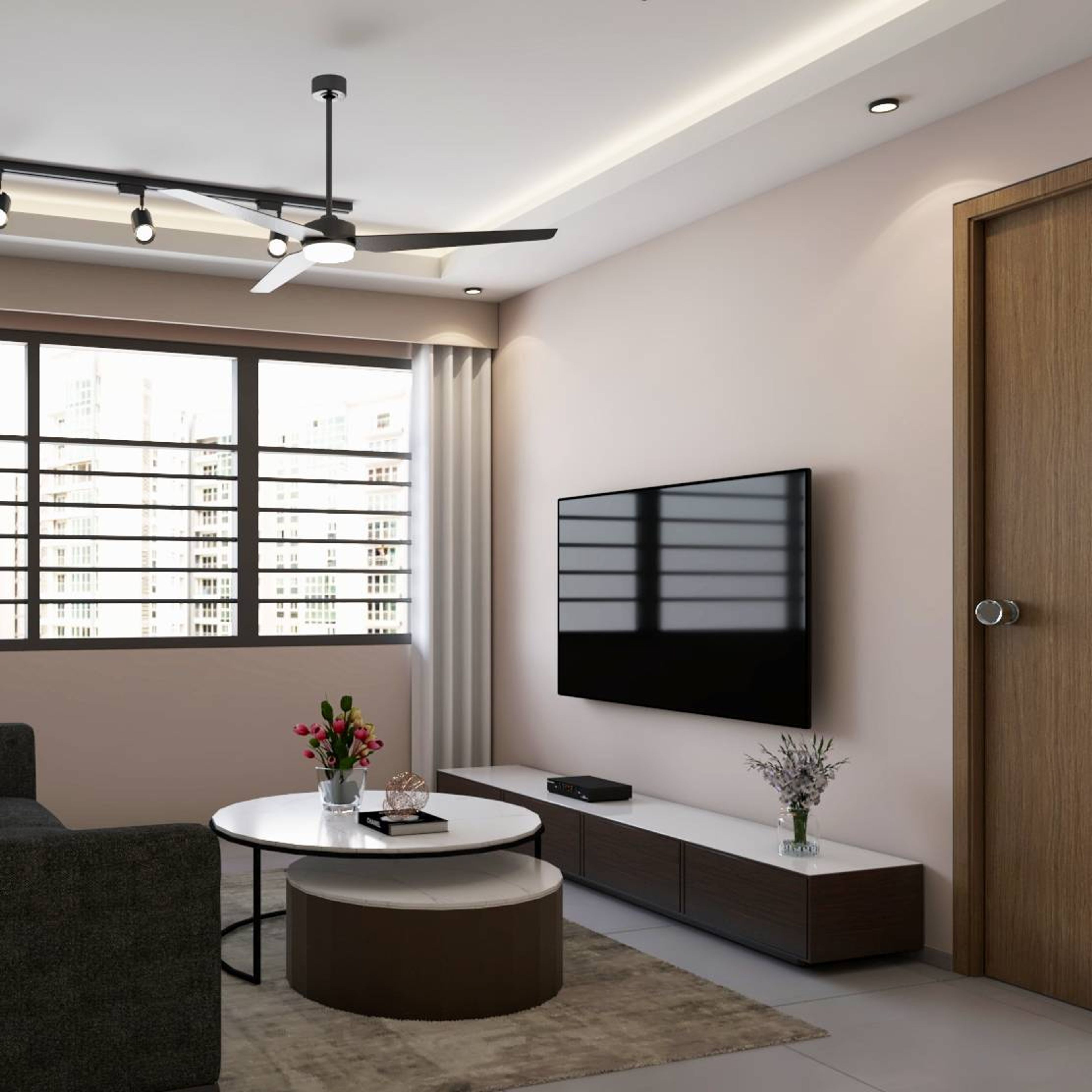 Wooden TV Cabinet With Bright Lighting - Livspace